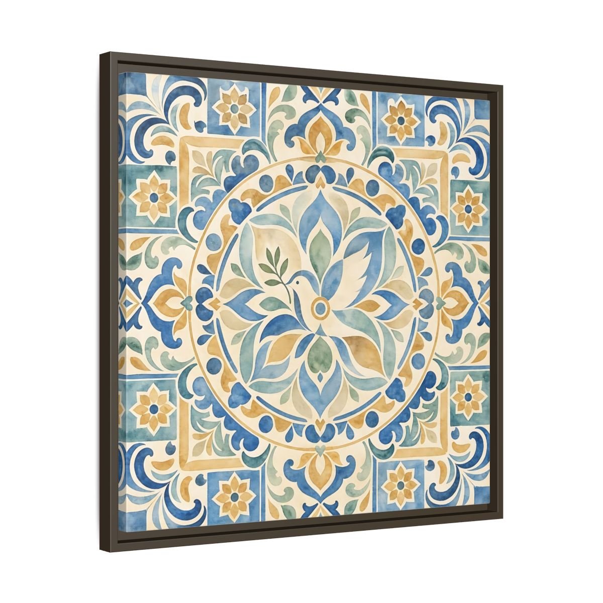 Nature Dove Blue And Gold Framed Canvas Print Wall Art – Mediterranean Living Room, Above Sofa - YesArtYes