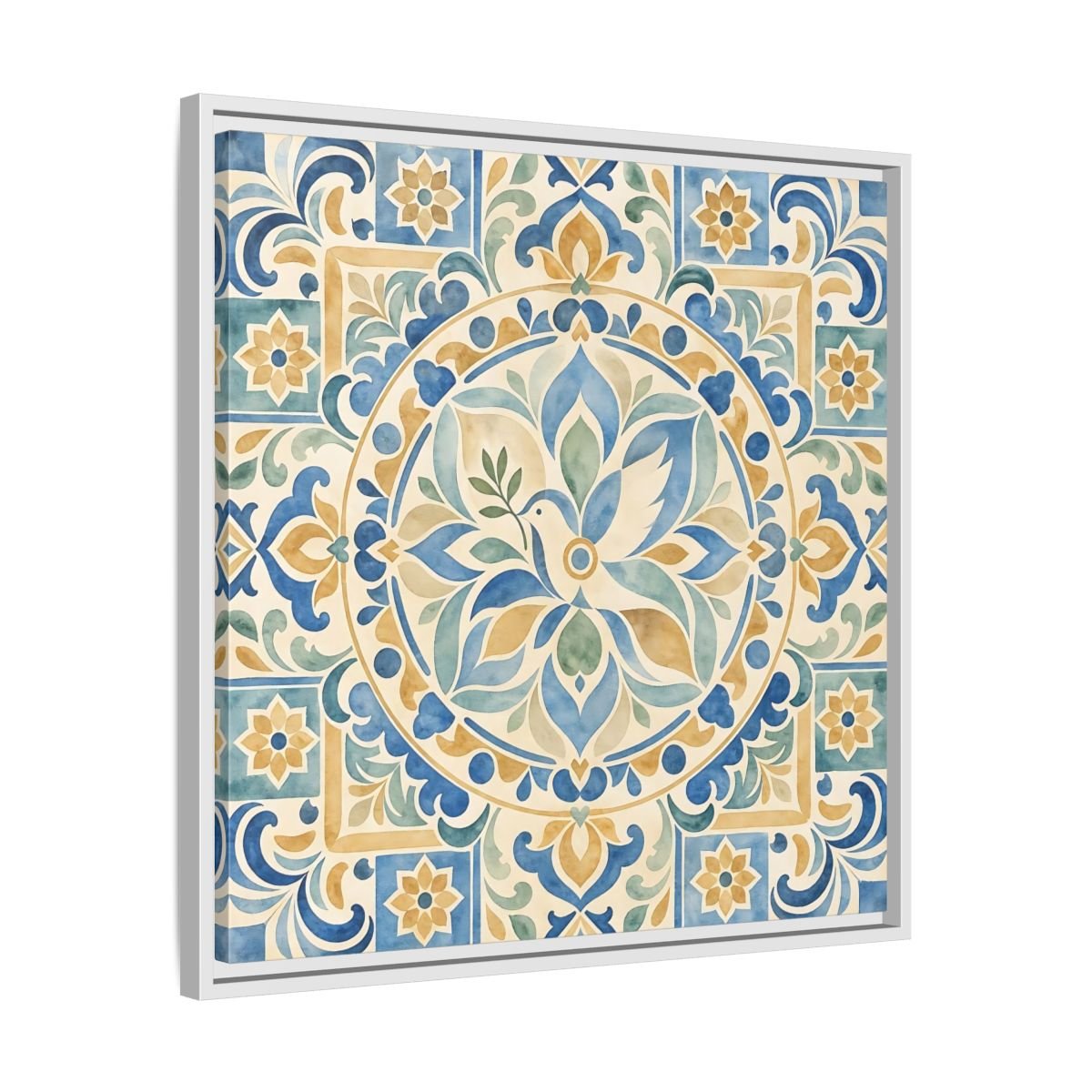 Nature Dove Blue And Gold Framed Canvas Print Wall Art – Mediterranean Living Room, Above Sofa - YesArtYes