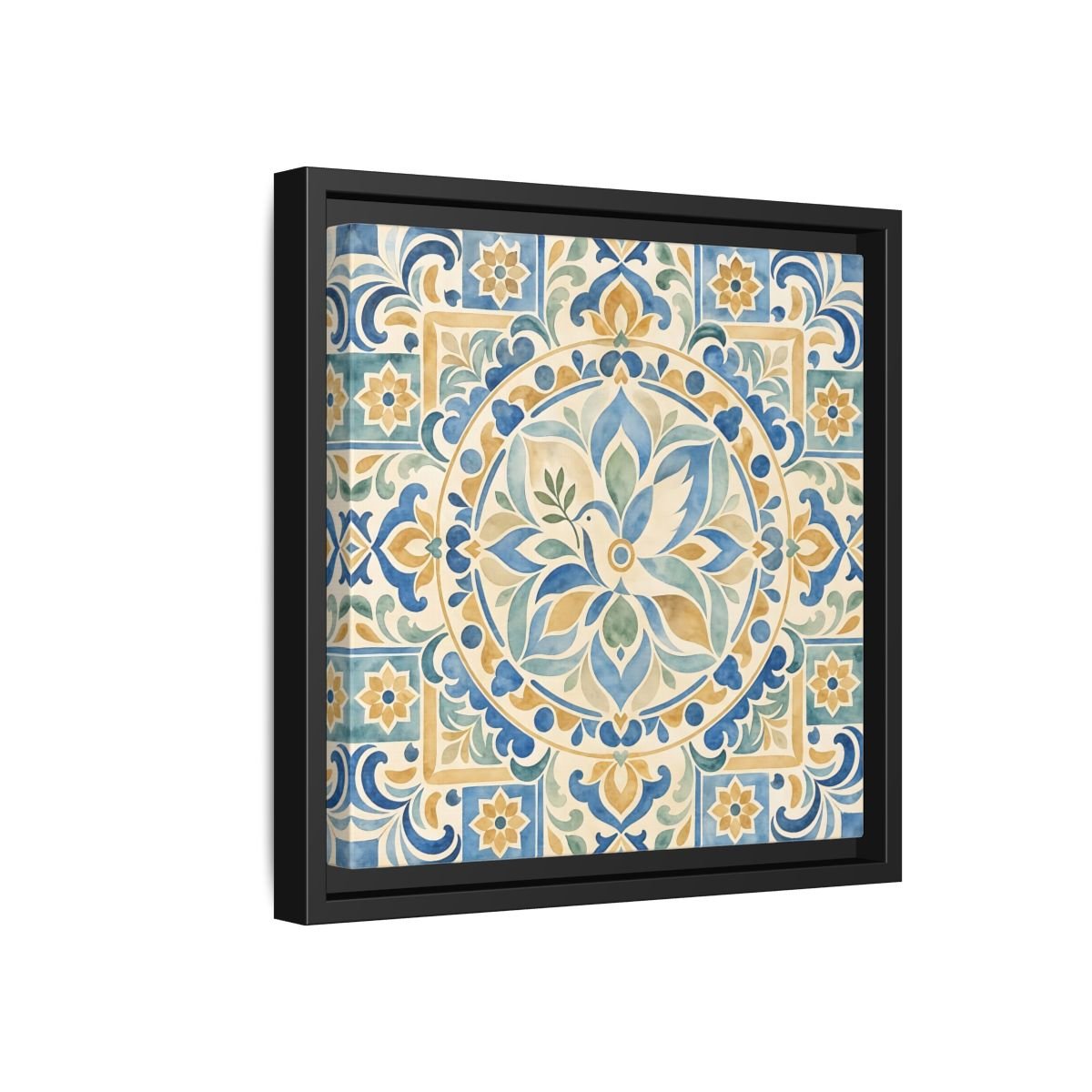 Nature Dove Blue And Gold Framed Canvas Print Wall Art – Mediterranean Living Room, Above Sofa - YesArtYes