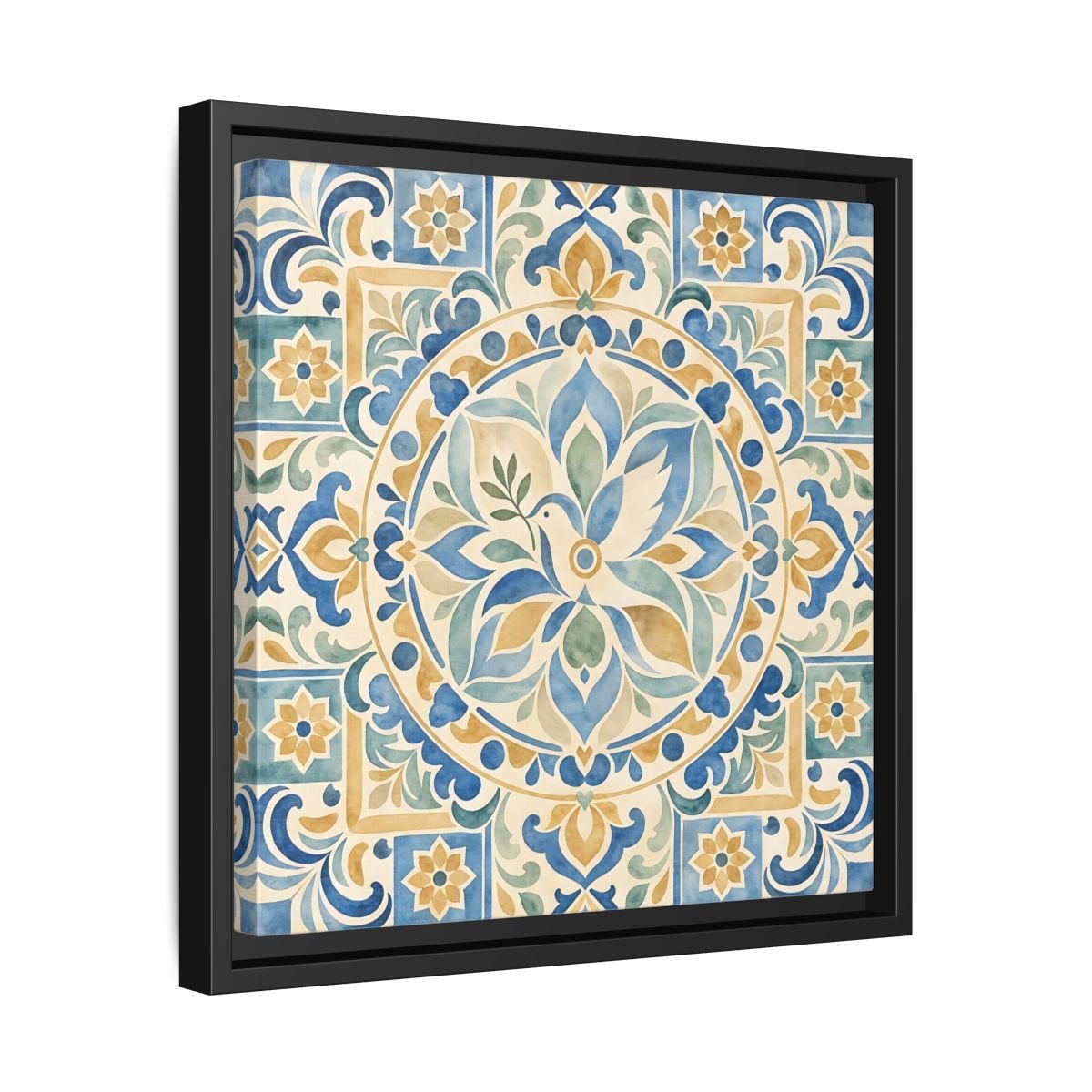Nature Dove Blue And Gold Framed Canvas Print Wall Art – Mediterranean Living Room, Above Sofa - YesArtYes