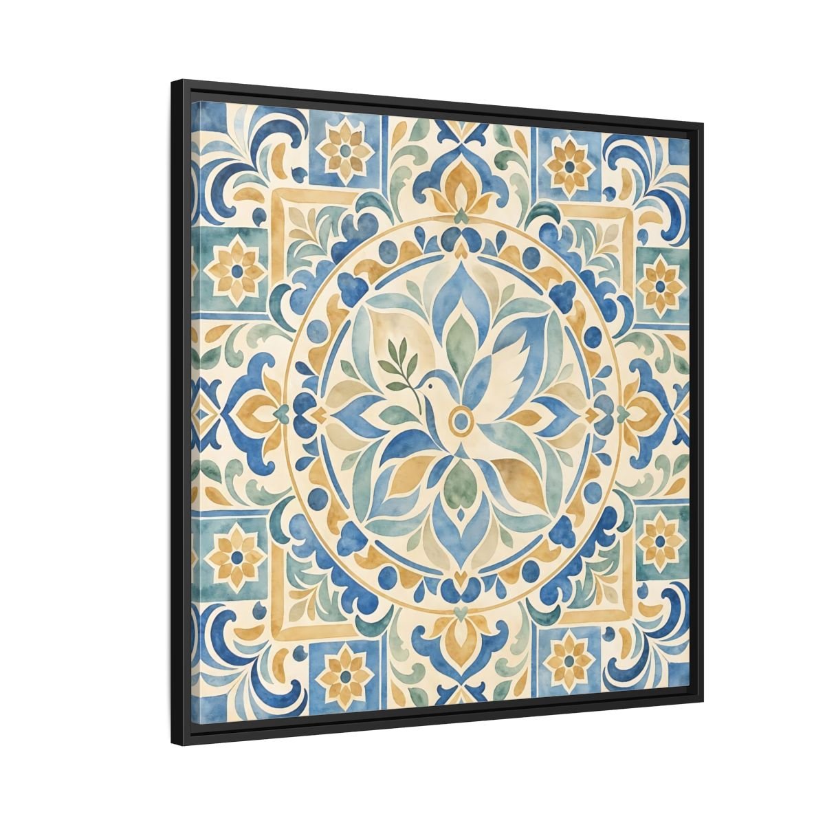 Nature Dove Blue And Gold Framed Canvas Print Wall Art – Mediterranean Living Room, Above Sofa - YesArtYes