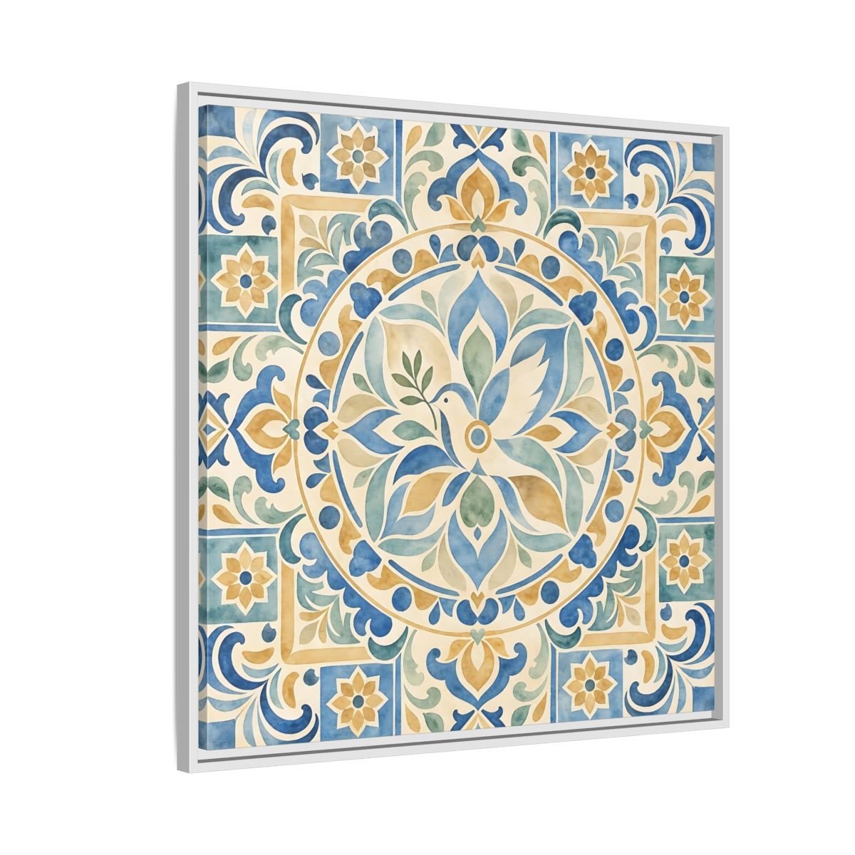 Nature Dove Blue And Gold Framed Canvas Print Wall Art – Mediterranean Living Room, Above Sofa - YesArtYes
