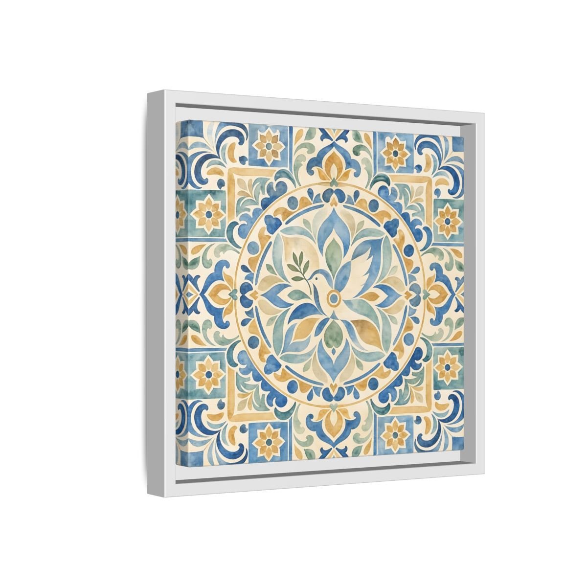 Nature Dove Blue And Gold Framed Canvas Print Wall Art – Mediterranean Living Room, Above Sofa - YesArtYes