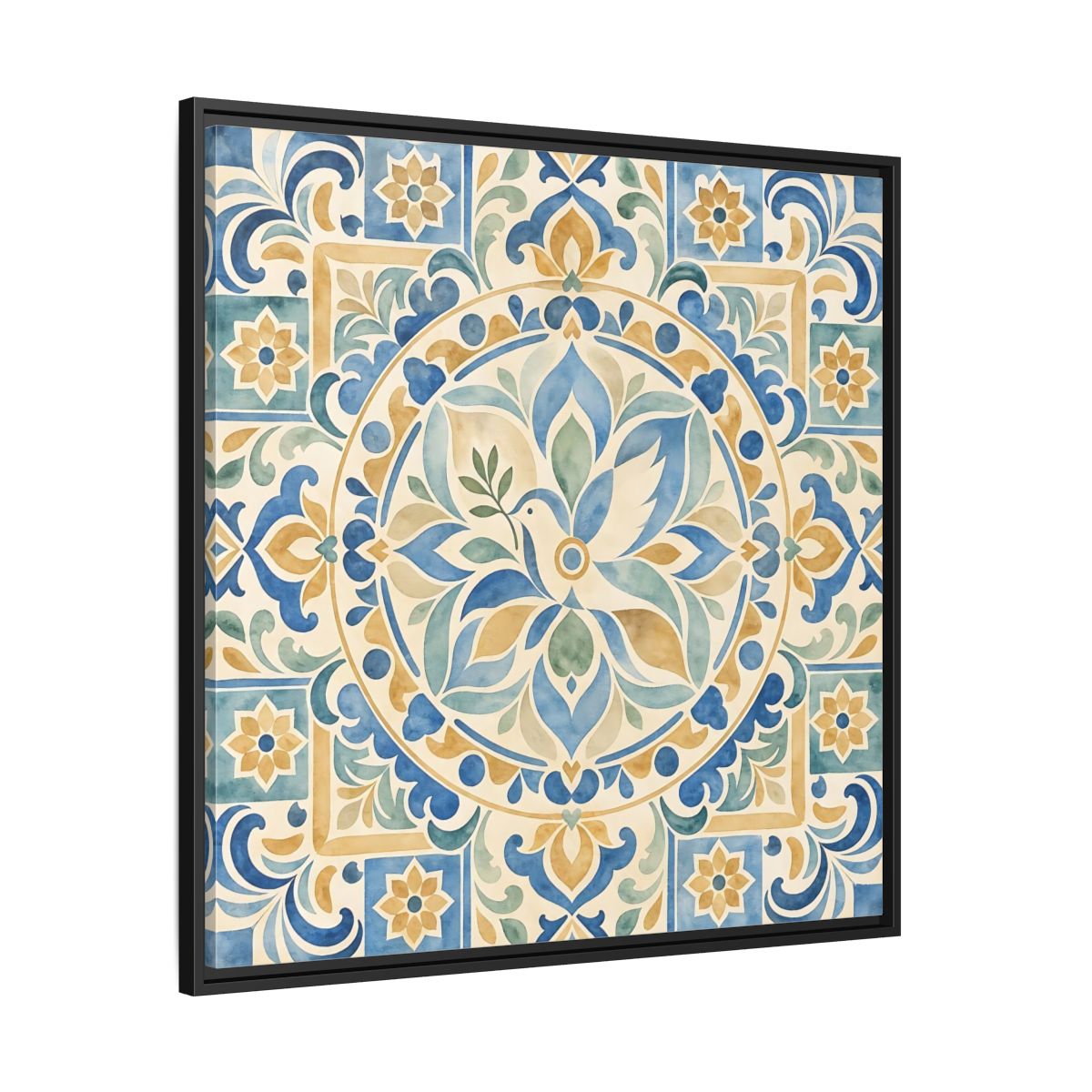 Side Mockup 30. Nature Dove Blue And Gold shown as framed canvas print