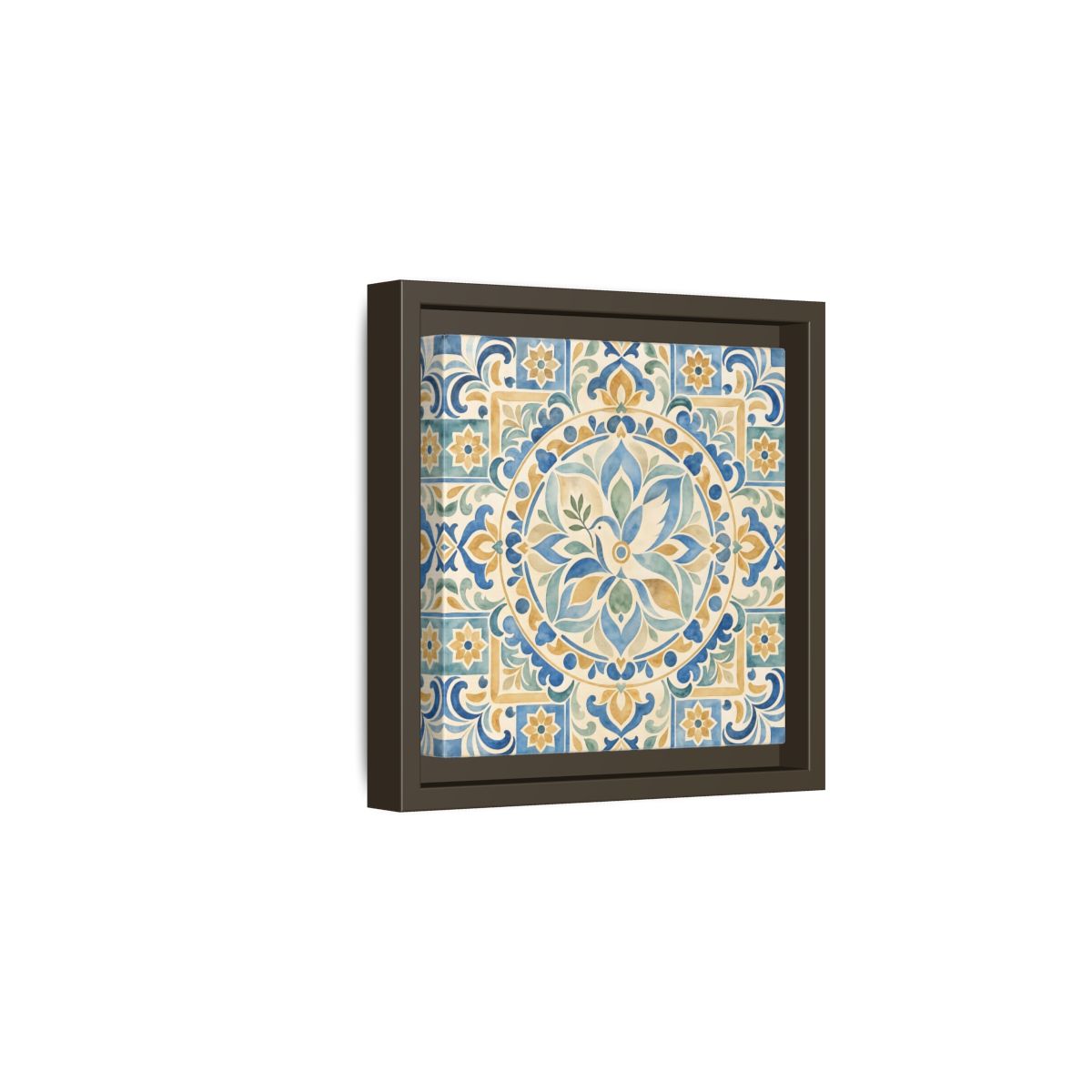 Side Mockup 2. Nature Dove Blue And Gold shown as framed canvas print