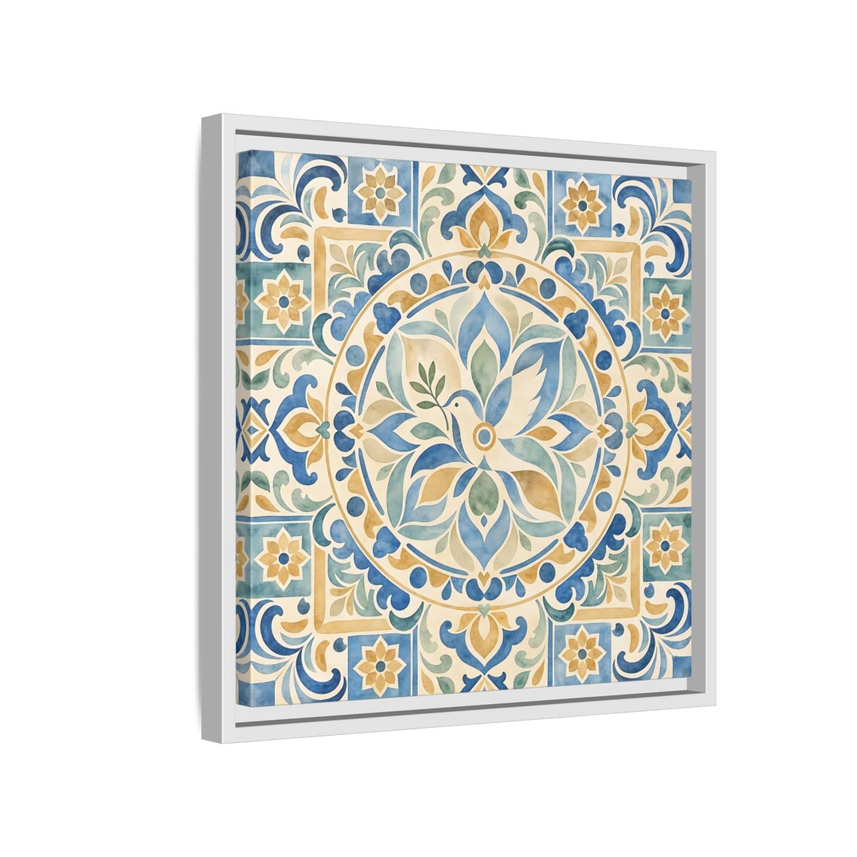 Side Mockup 13. Nature Dove Blue And Gold shown as framed canvas print