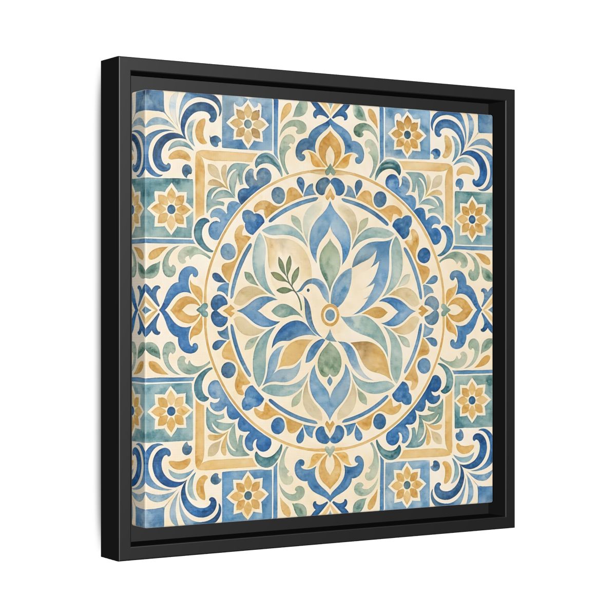 Side Mockup 32. Nature Dove Blue And Gold shown as framed canvas print