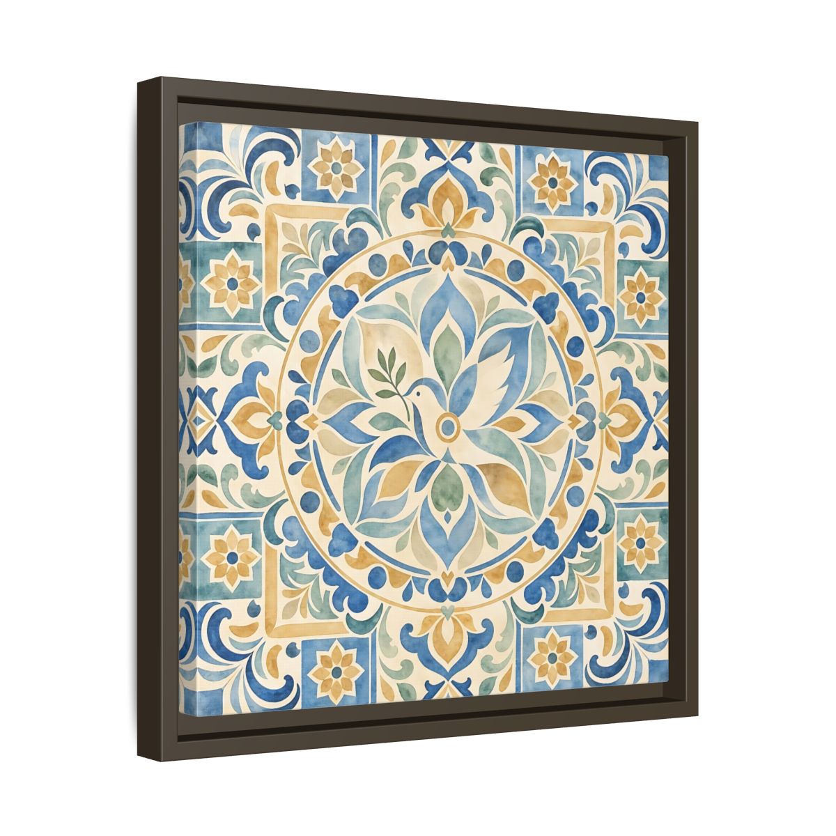 Side Mockup 29. Nature Dove Blue And Gold shown as framed canvas print
