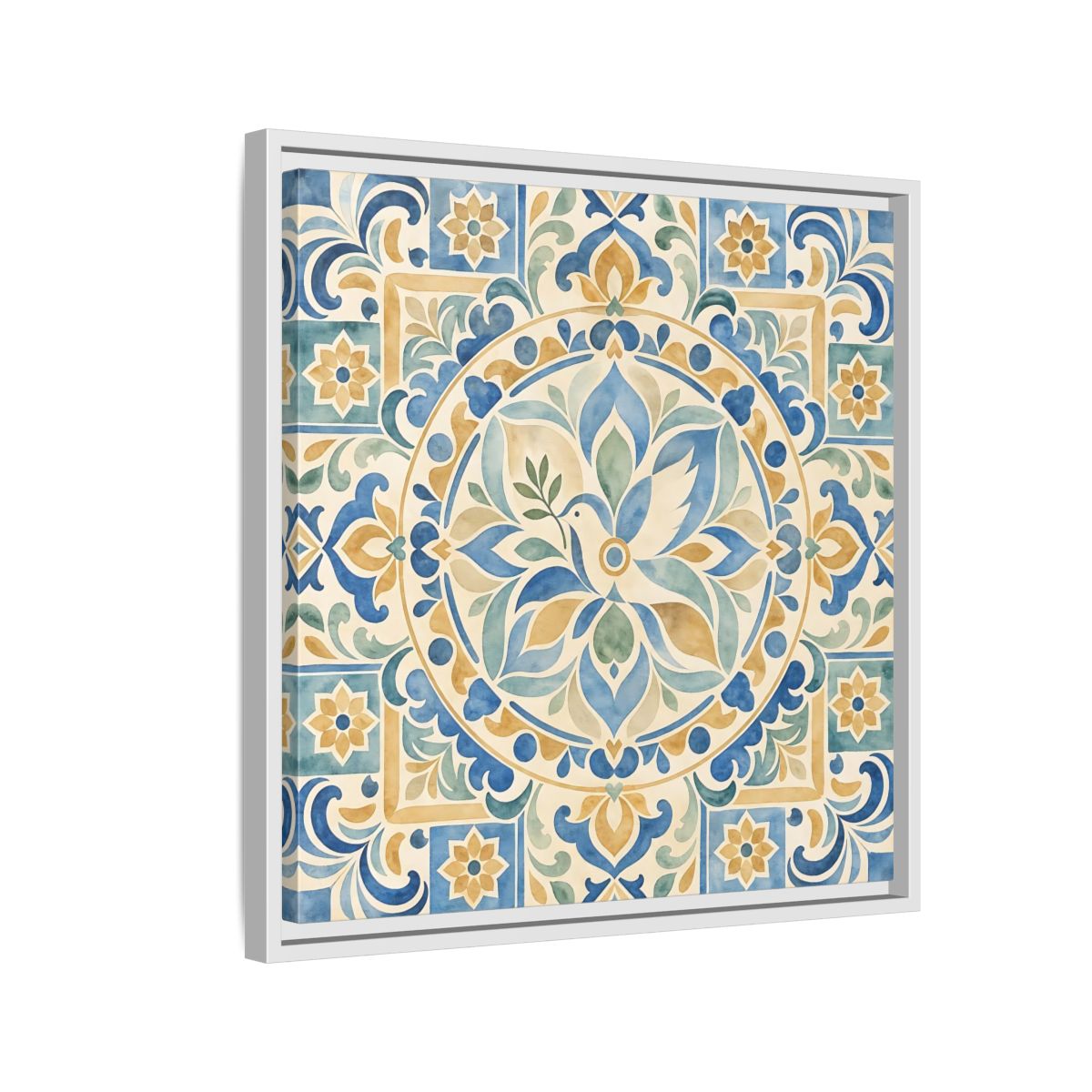 Side Mockup 10. Nature Dove Blue And Gold shown as framed canvas print