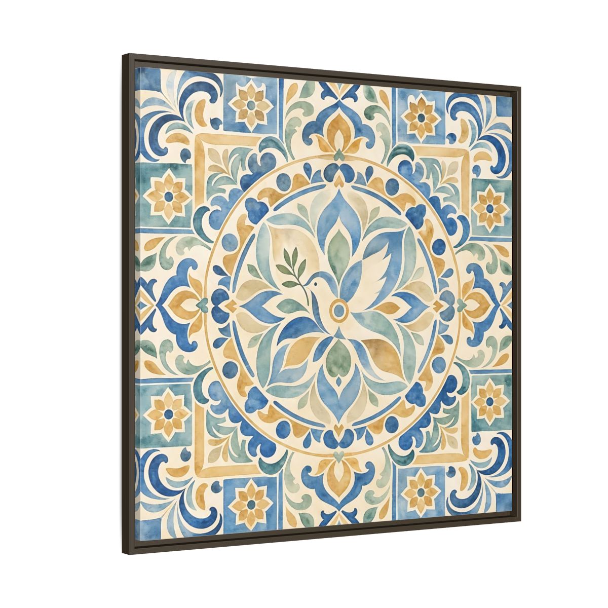 Side Mockup 5. Nature Dove Blue And Gold shown as framed canvas print
