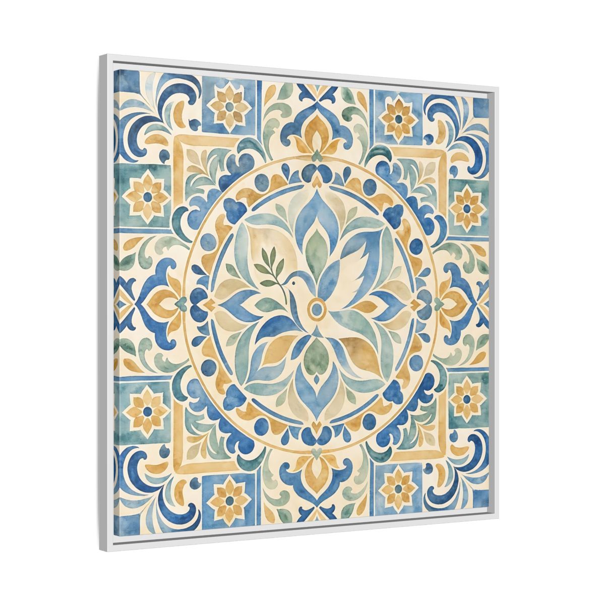 Side Mockup 25. Nature Dove Blue And Gold shown as framed canvas print