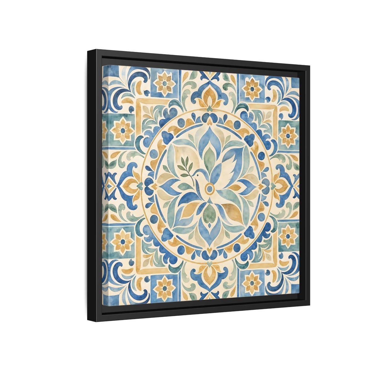 Side Mockup 15. Nature Dove Blue And Gold shown as framed canvas print