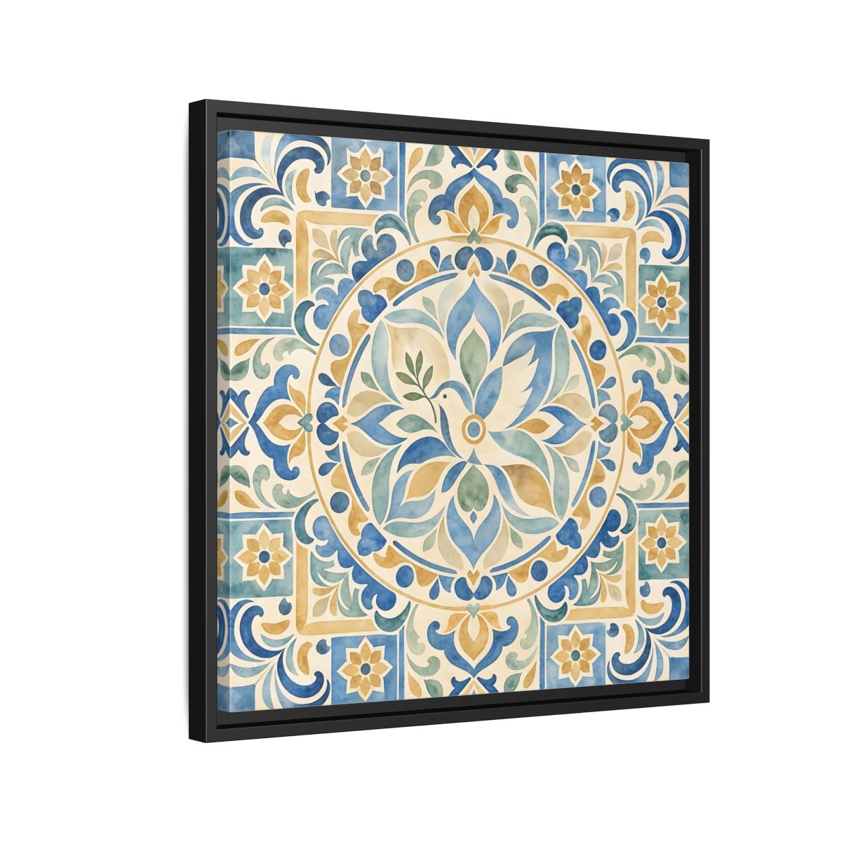 Side Mockup 12. Nature Dove Blue And Gold shown as framed canvas print