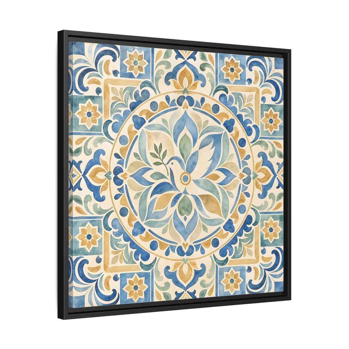Side Mockup 31. Nature Dove Blue And Gold shown as framed canvas print