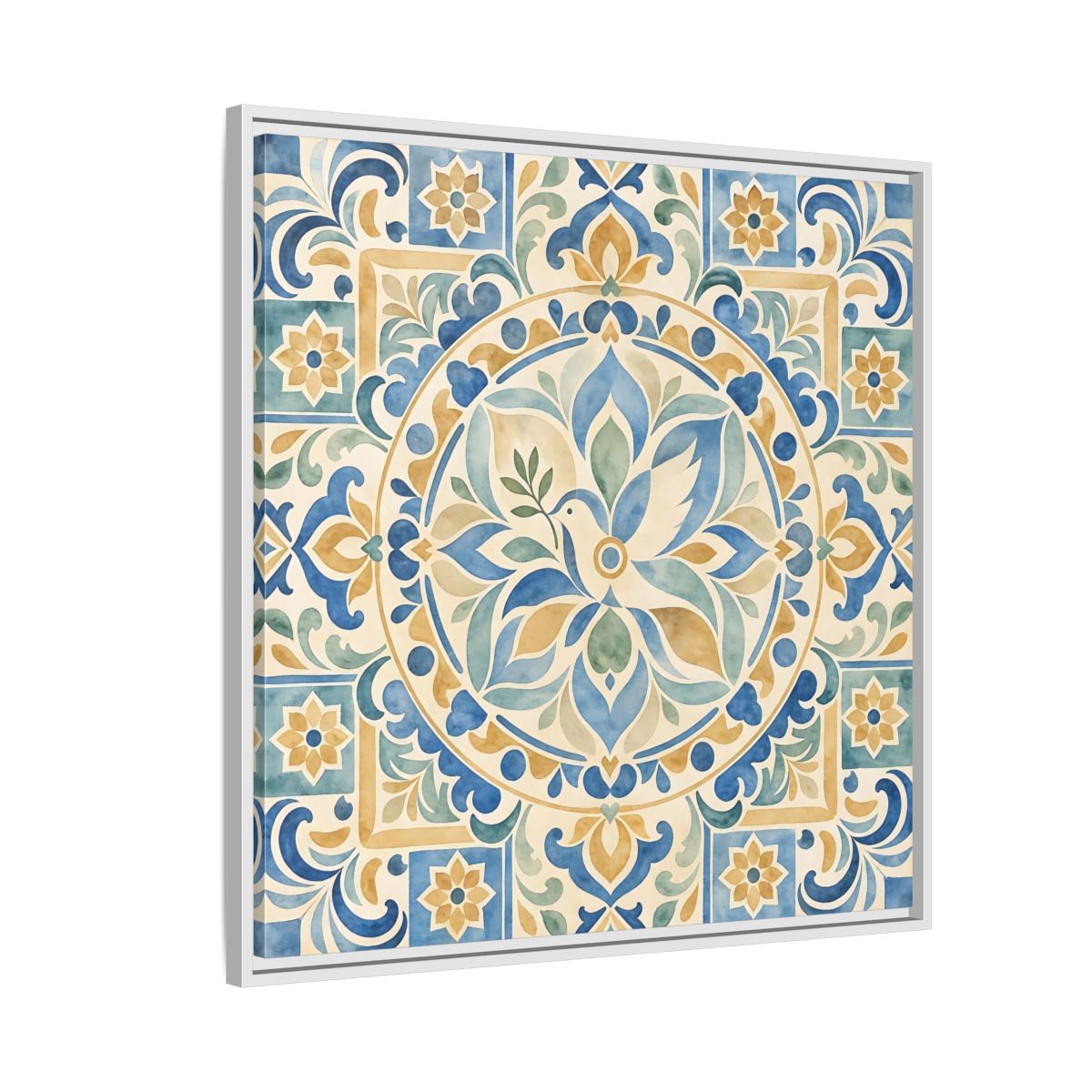 Side Mockup 7. Nature Dove Blue And Gold shown as framed canvas print