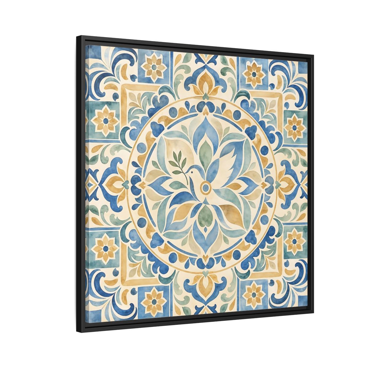 Side Mockup 9. Nature Dove Blue And Gold shown as framed canvas print