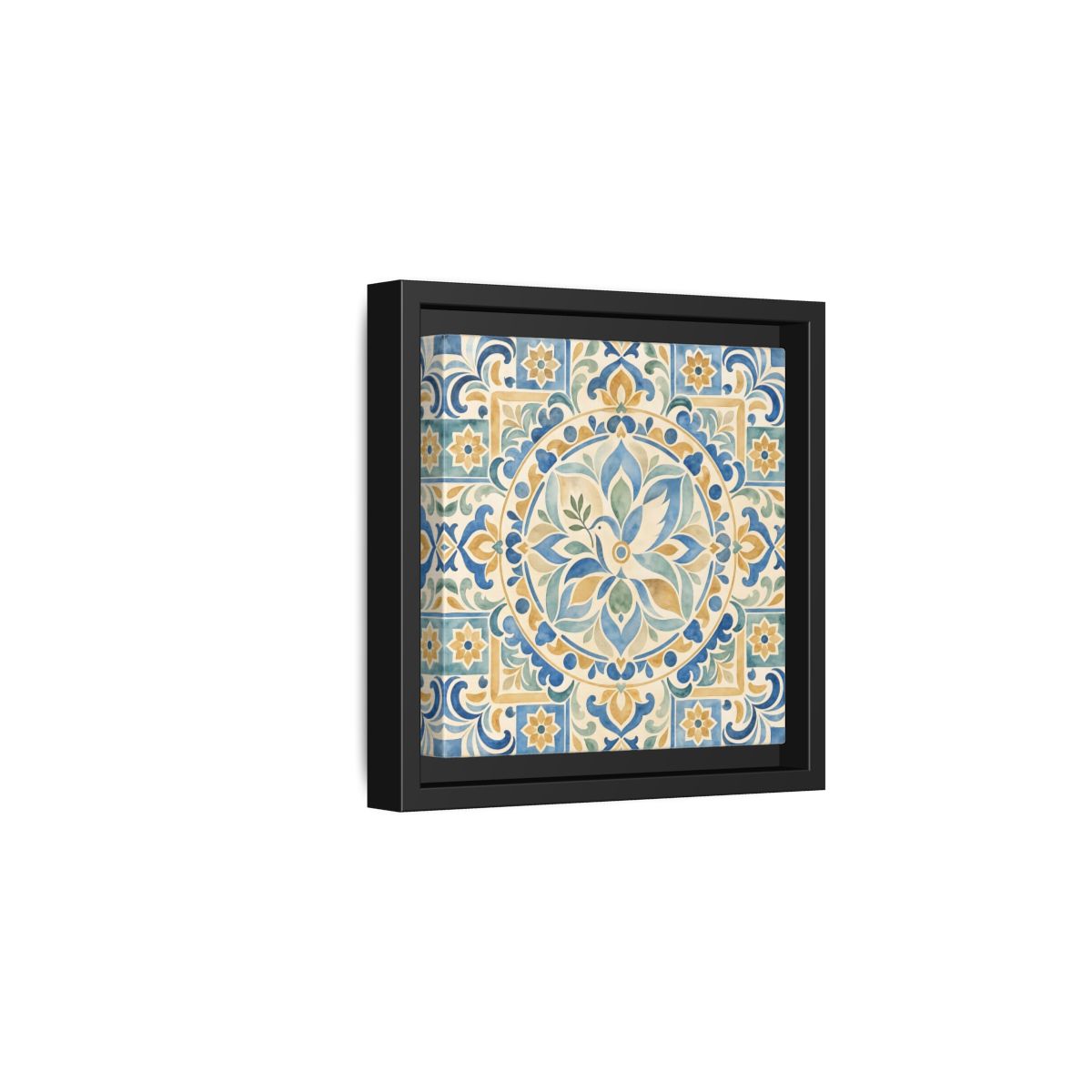 Side Mockup 3. Nature Dove Blue And Gold shown as framed canvas print