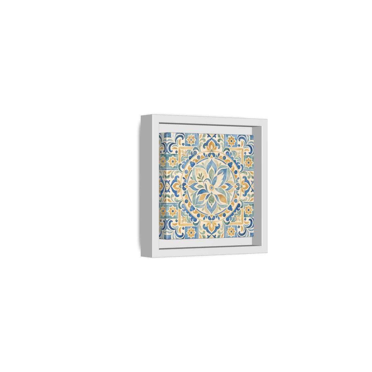 Side Mockup 22. Nature Dove Blue And Gold shown as framed canvas print