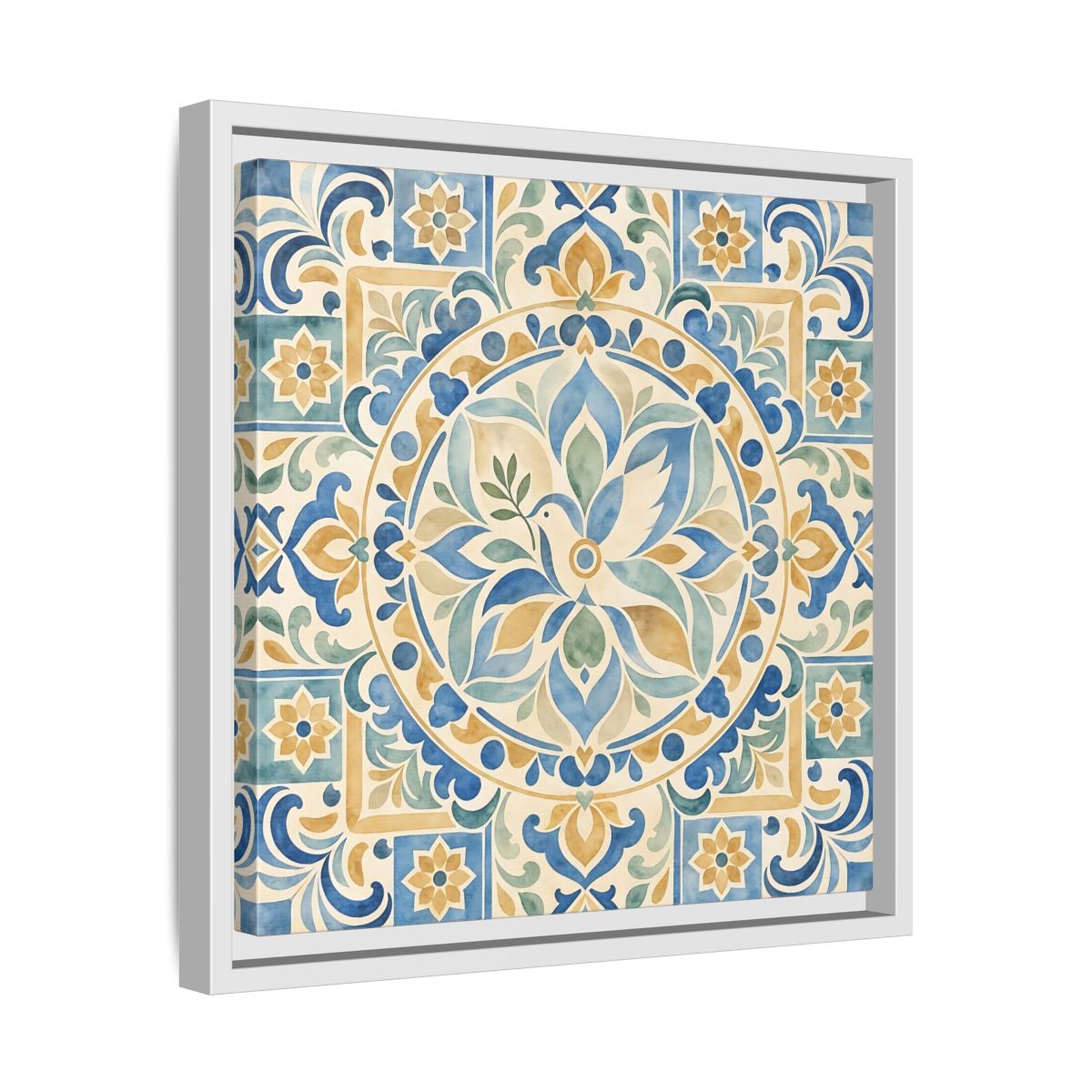 Side Mockup 28. Nature Dove Blue And Gold shown as framed canvas print