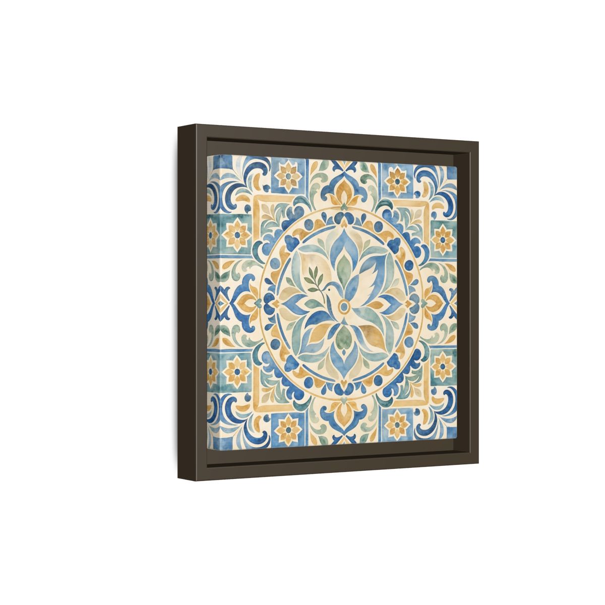 Side Mockup 20. Nature Dove Blue And Gold shown as framed canvas print
