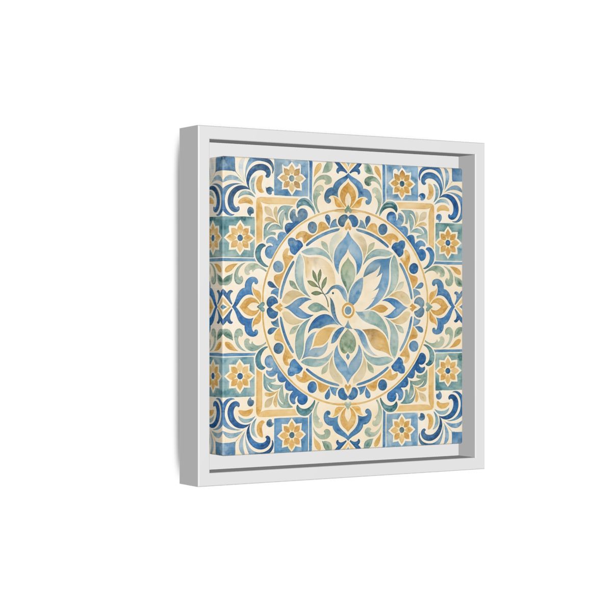 Side Mockup 19. Nature Dove Blue And Gold shown as framed canvas print