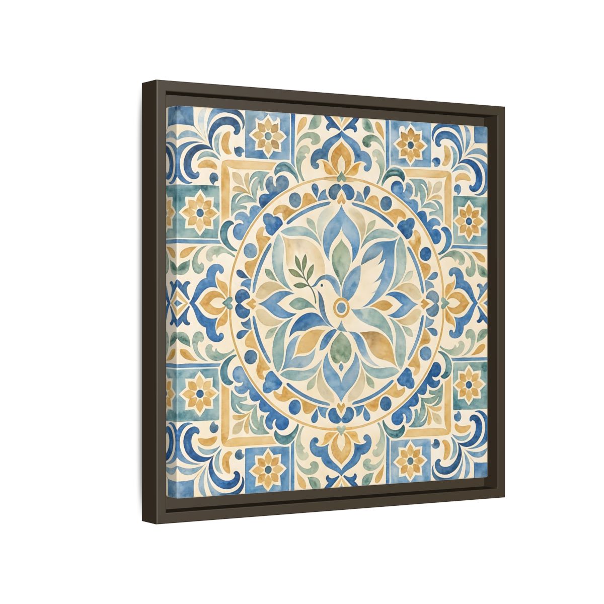 Side Mockup 14. Nature Dove Blue And Gold shown as framed canvas print