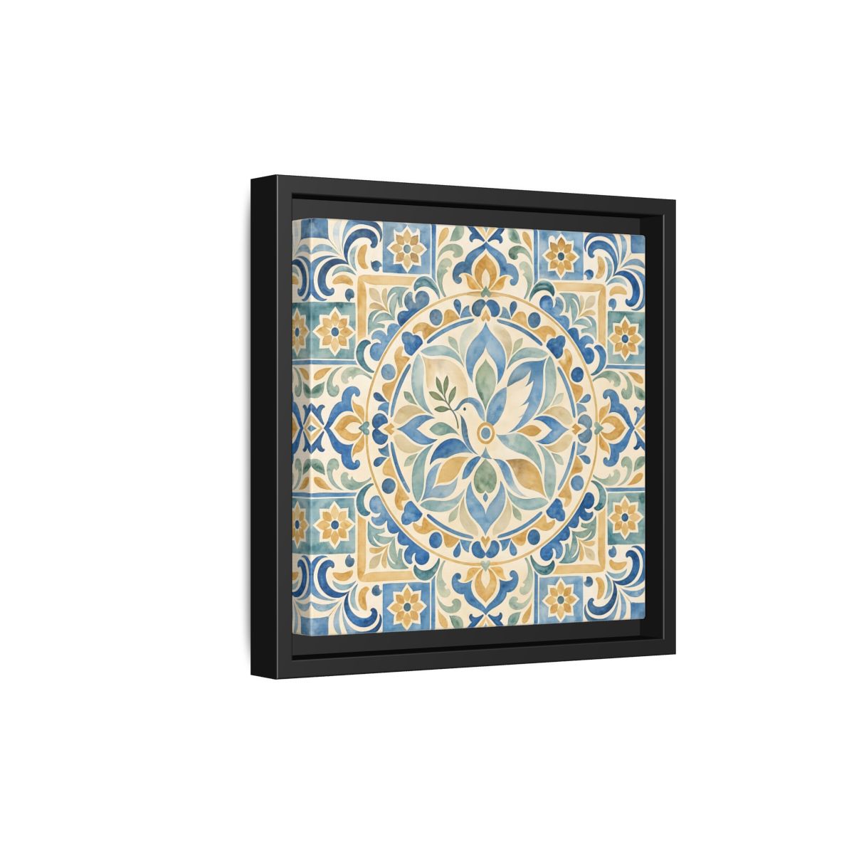 Side Mockup 21. Nature Dove Blue And Gold shown as framed canvas print