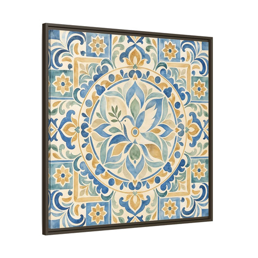 Main Mockup. Nature Dove Blue And Gold shown as framed canvas print