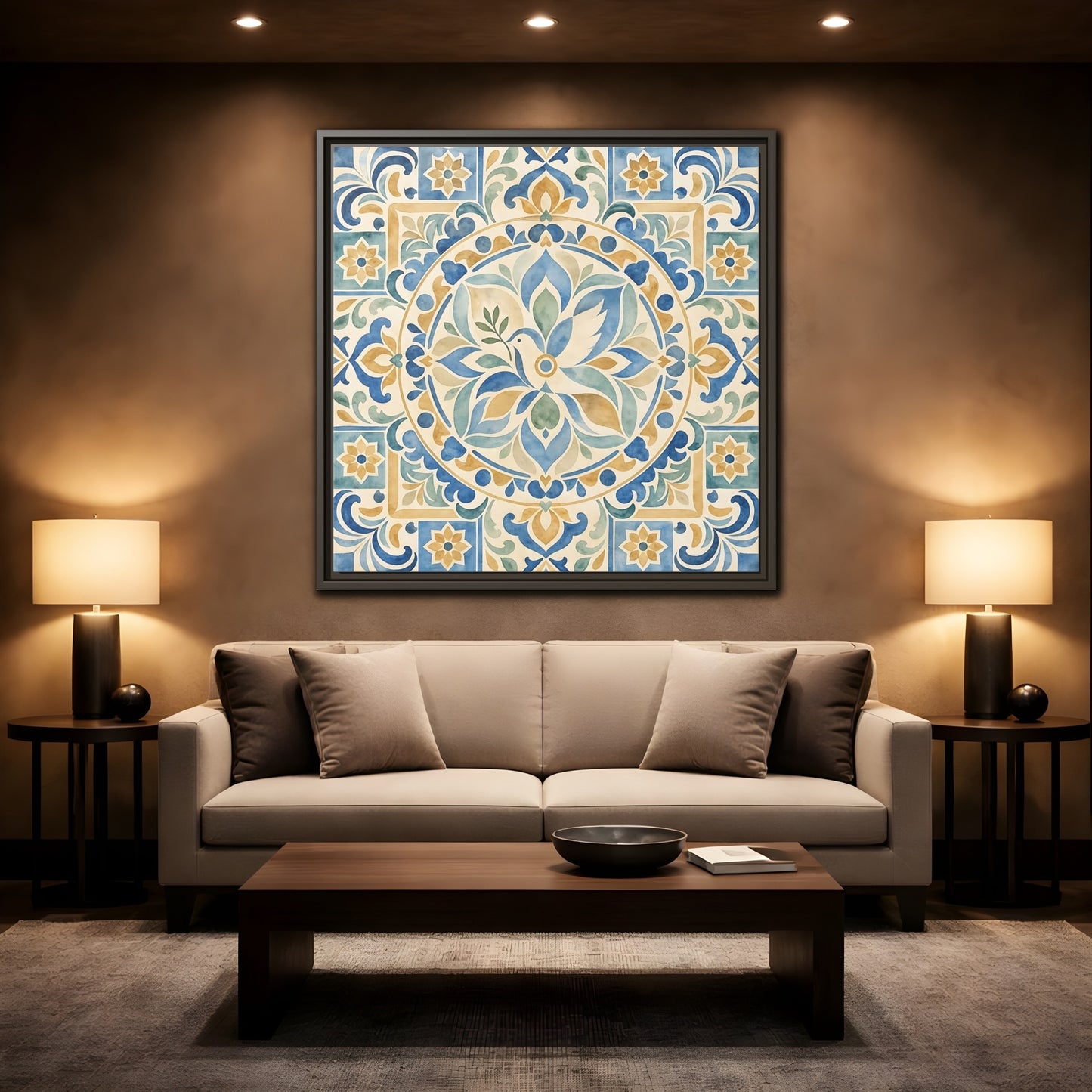 Mockup 2. Nature Dove Blue And Gold shown as framed canvas print