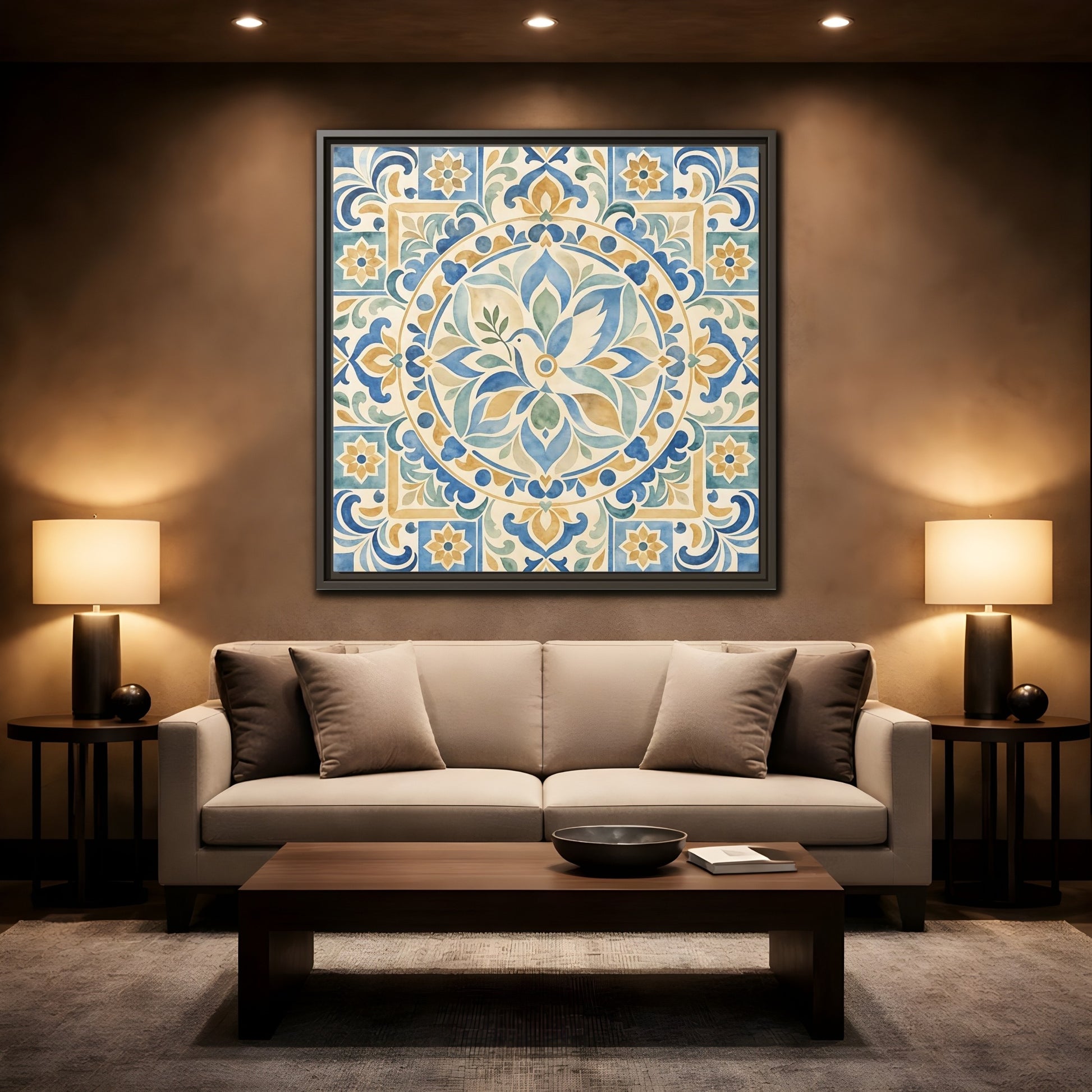Mockup 2. Nature Dove Blue And Gold shown as framed canvas print