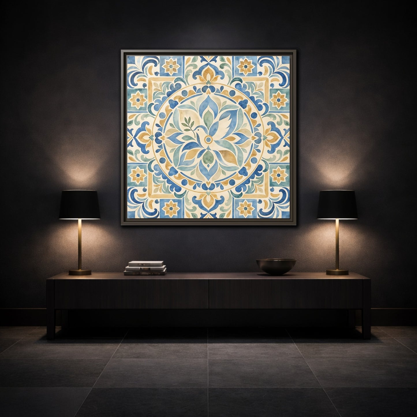 Mockup 3. Nature Dove Blue And Gold shown as framed canvas print