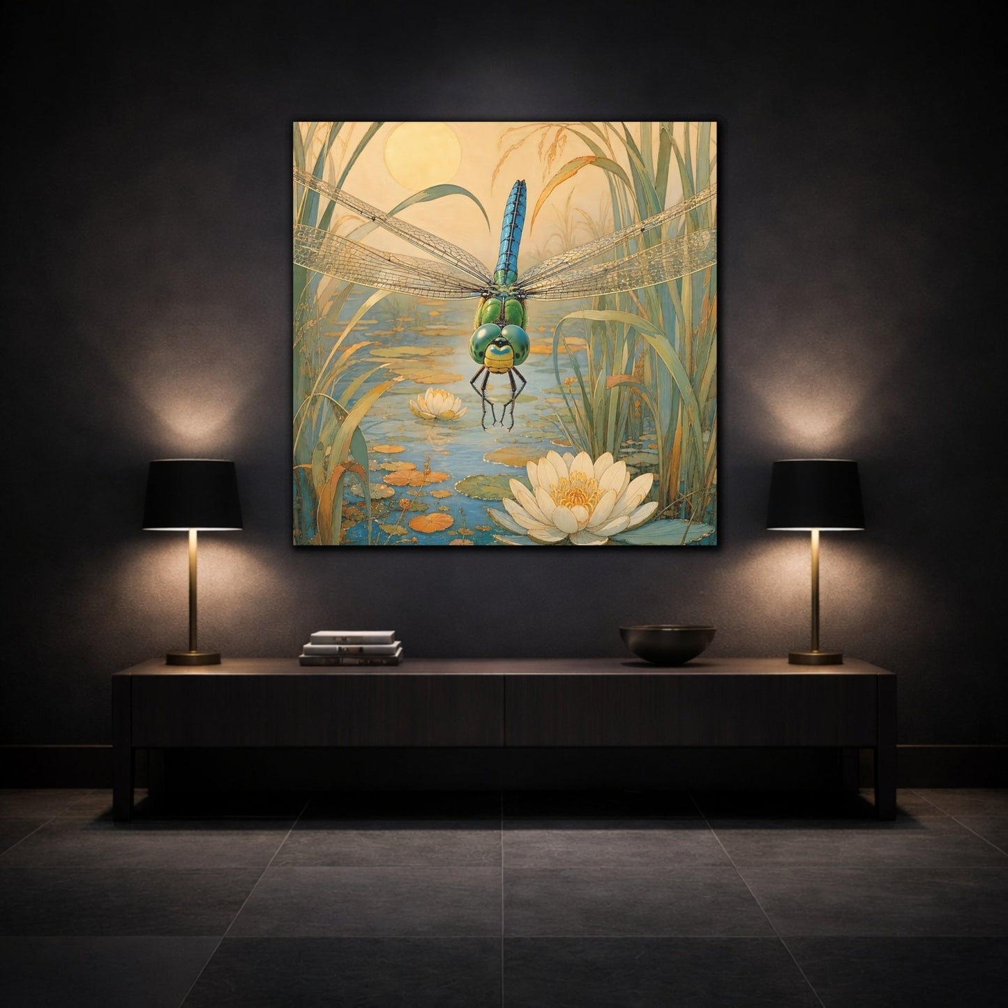 Nature Dragonfly Blue Pond Canvas Print – Art Nouveau Living Room, Above Console Table - YesArtYes