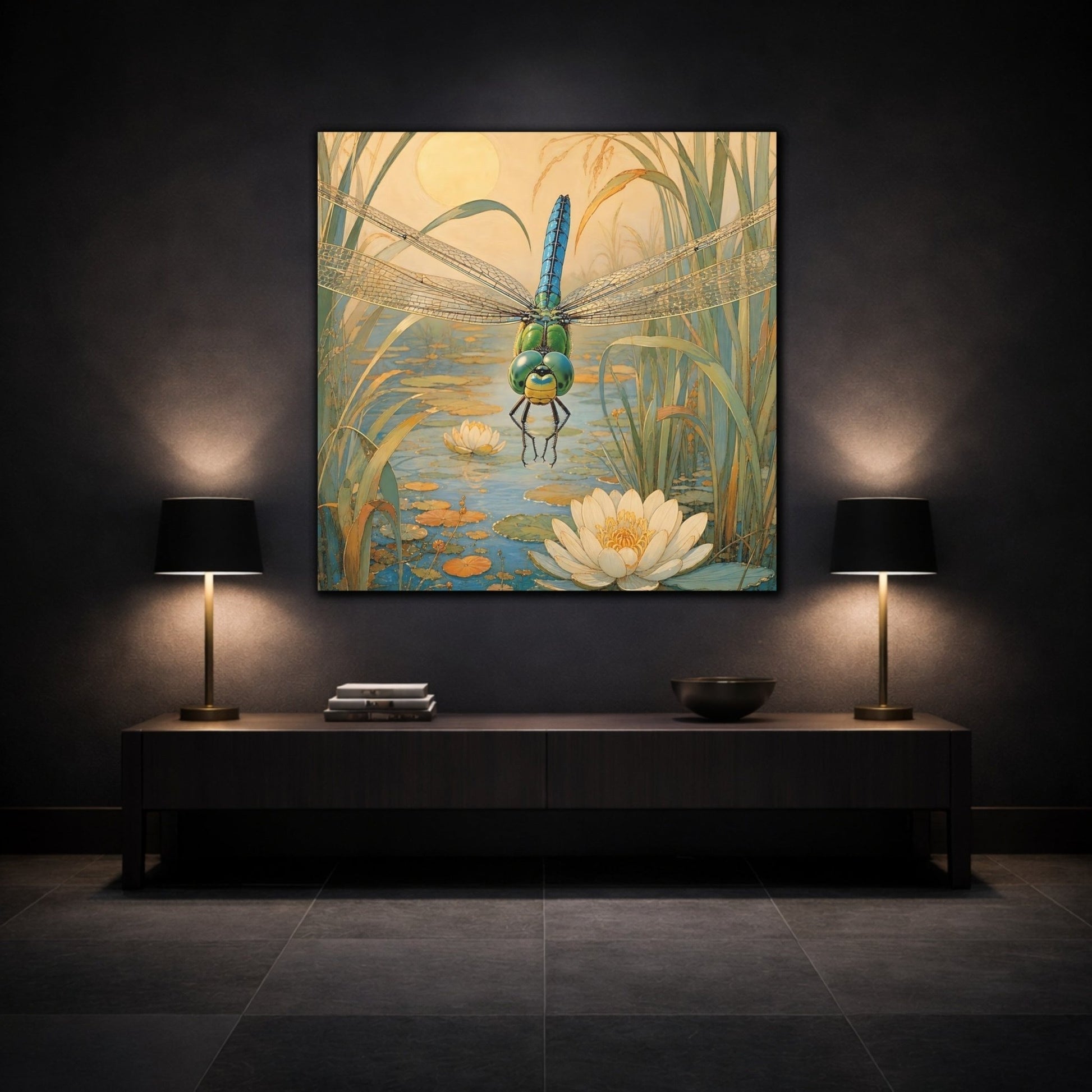 Nature Dragonfly Blue Pond Canvas Print – Art Nouveau Living Room, Above Console Table - YesArtYes