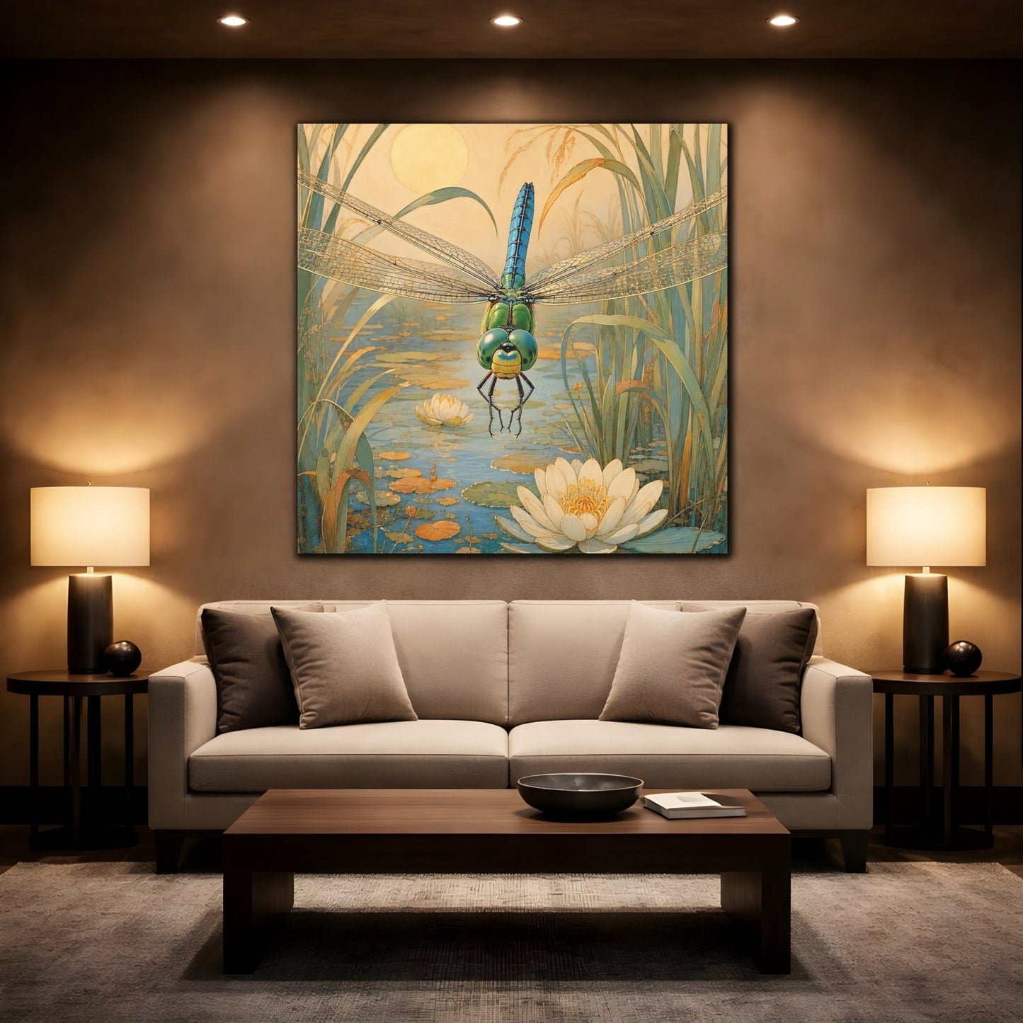Nature Dragonfly Blue Pond Canvas Print – Art Nouveau Living Room, Above Console Table - YesArtYes