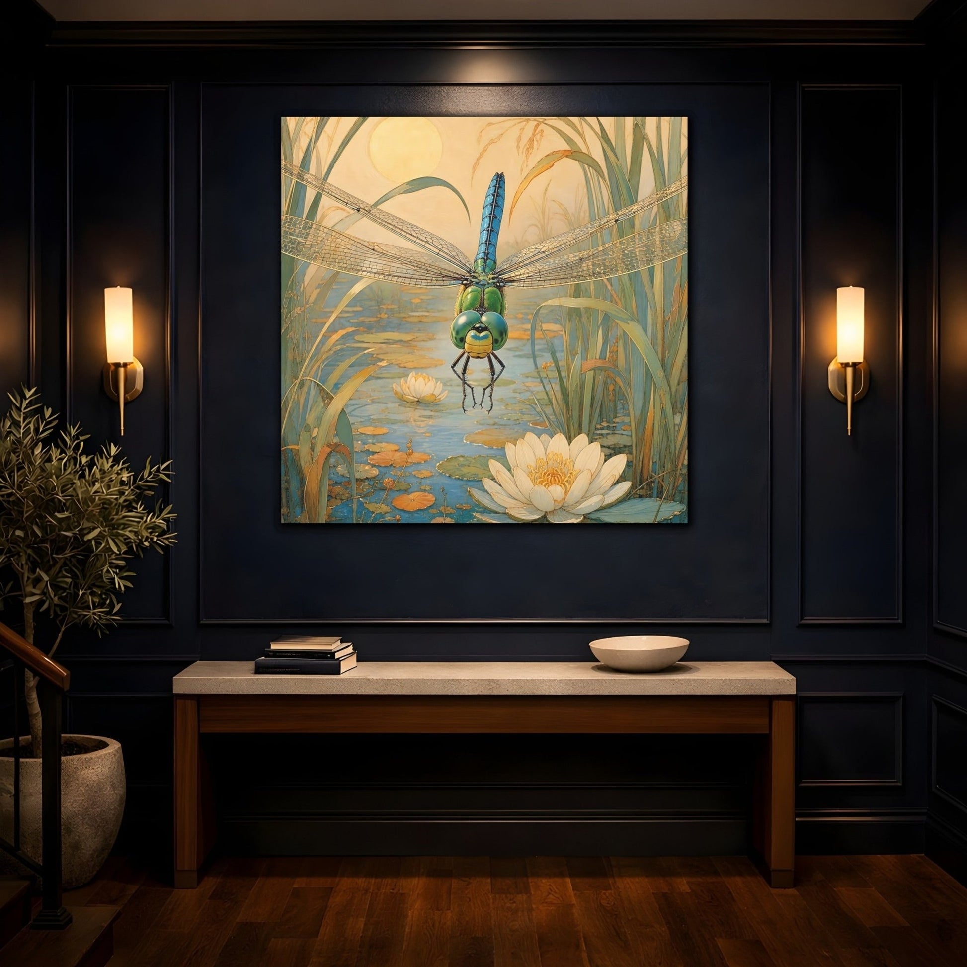 Nature Dragonfly Blue Pond Canvas Print – Art Nouveau Living Room, Above Console Table - YesArtYes