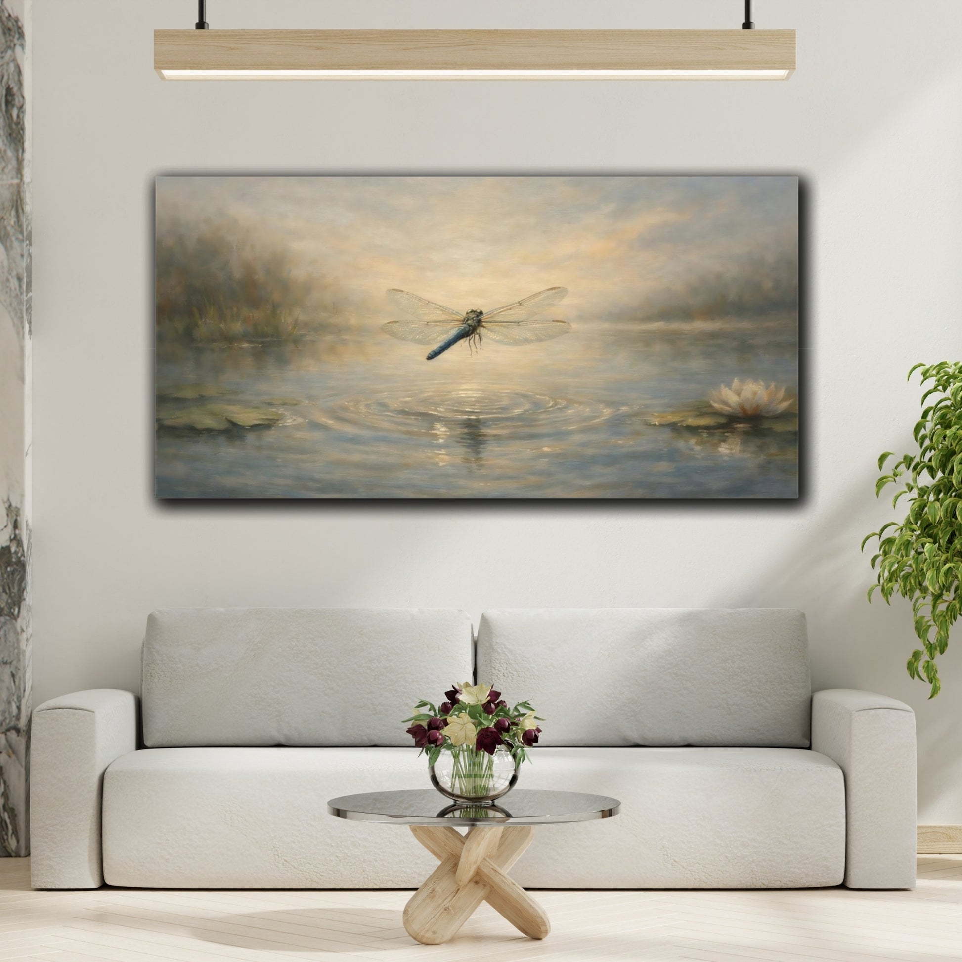 Mockup 3. Nature Dragonfly Dragonfly Pond shown as stretched canvas wall art