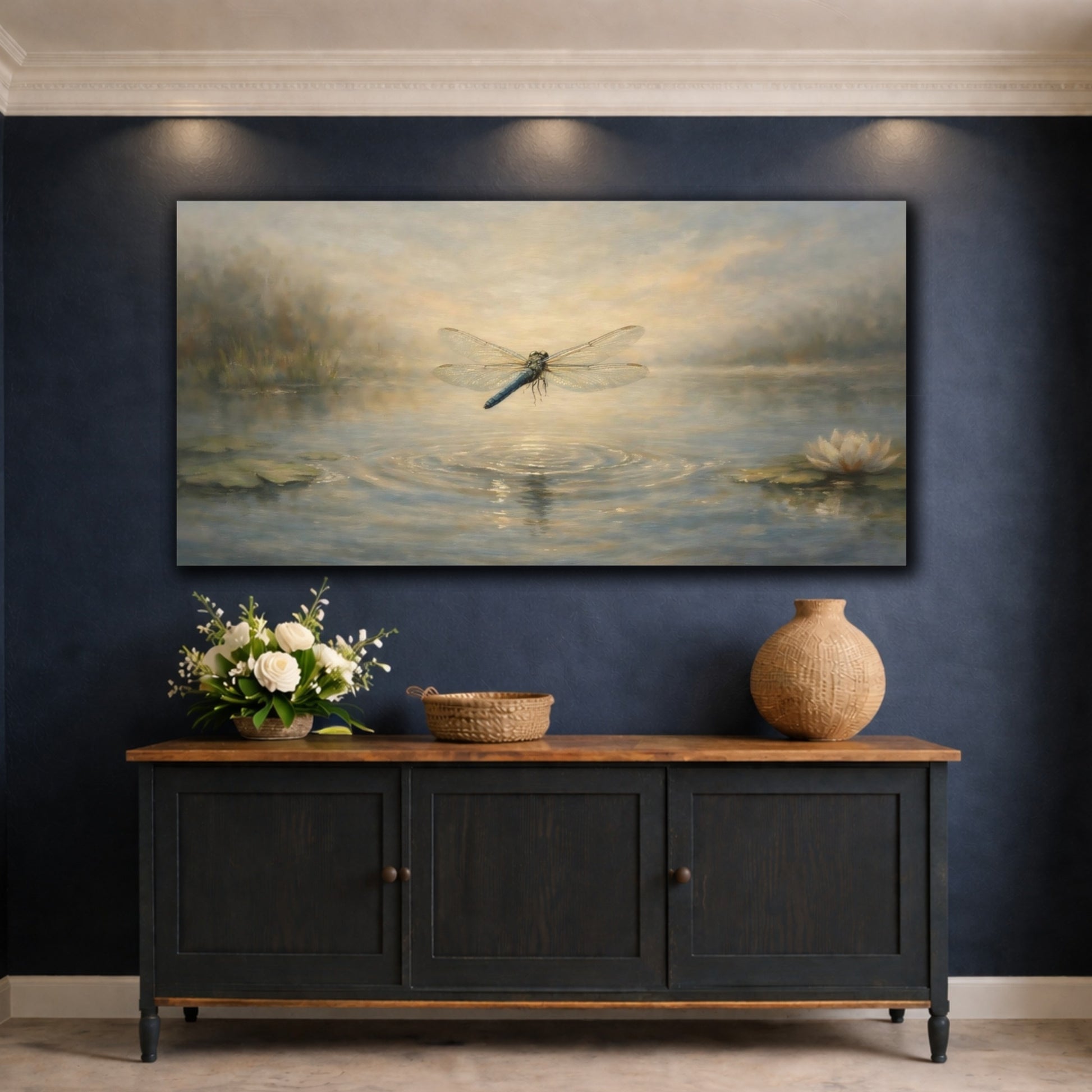 Mockup 4. Nature Dragonfly Dragonfly Pond shown as stretched canvas wall art
