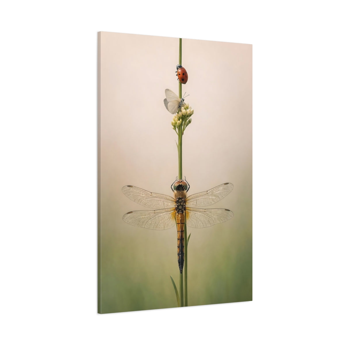 Main Mockup. Nature Dragonfly Green Beige Insects shown as stretched canvas wall art
