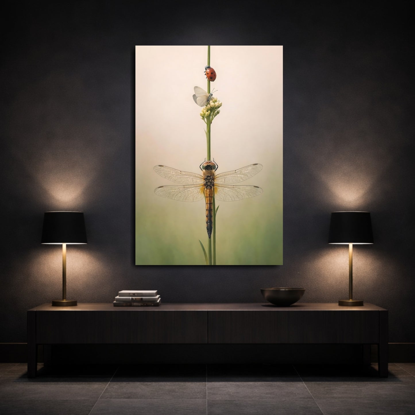 Mockup 2. Nature Dragonfly Green Beige Insects shown as stretched canvas wall art