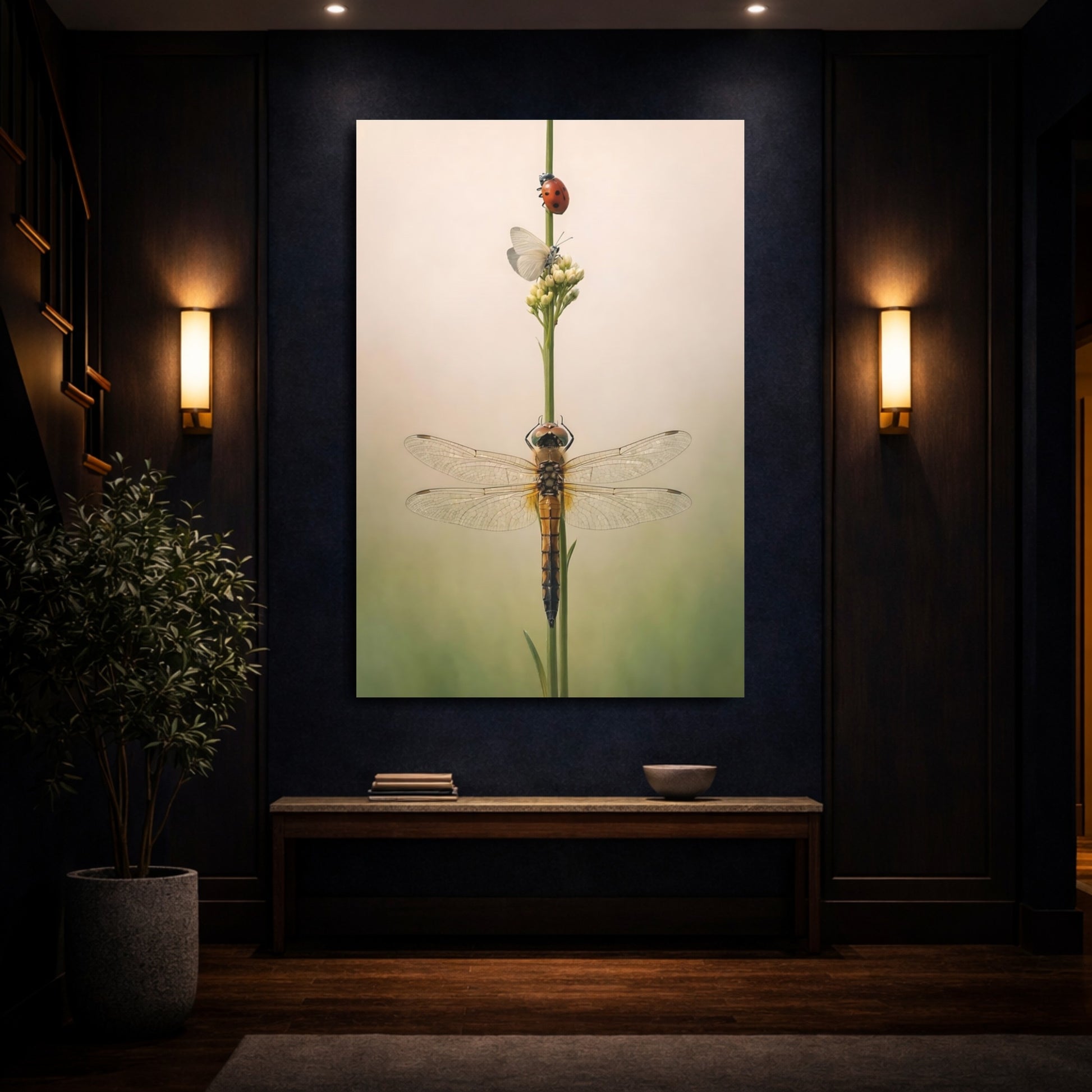 Mockup 3. Nature Dragonfly Green Beige Insects shown as stretched canvas wall art
