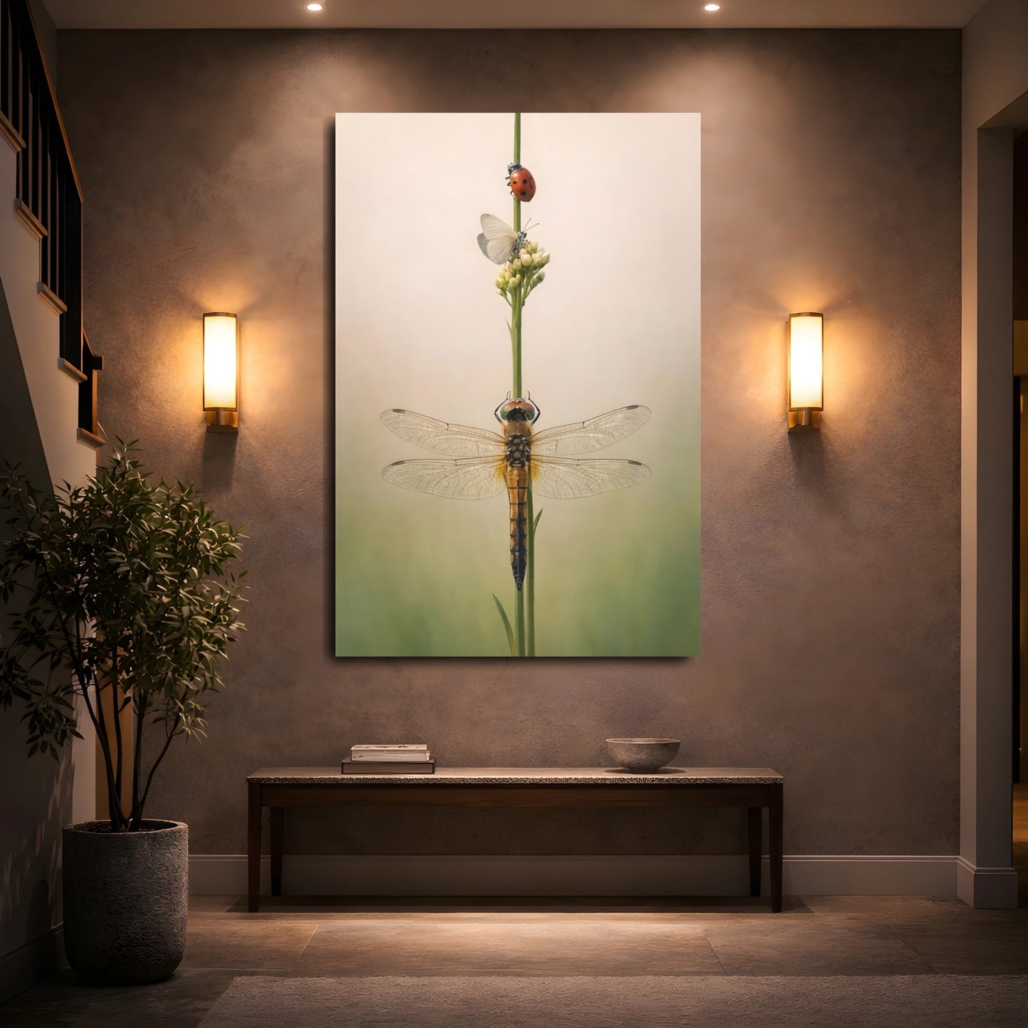 Mockup 4. Nature Dragonfly Green Beige Insects shown as stretched canvas wall art