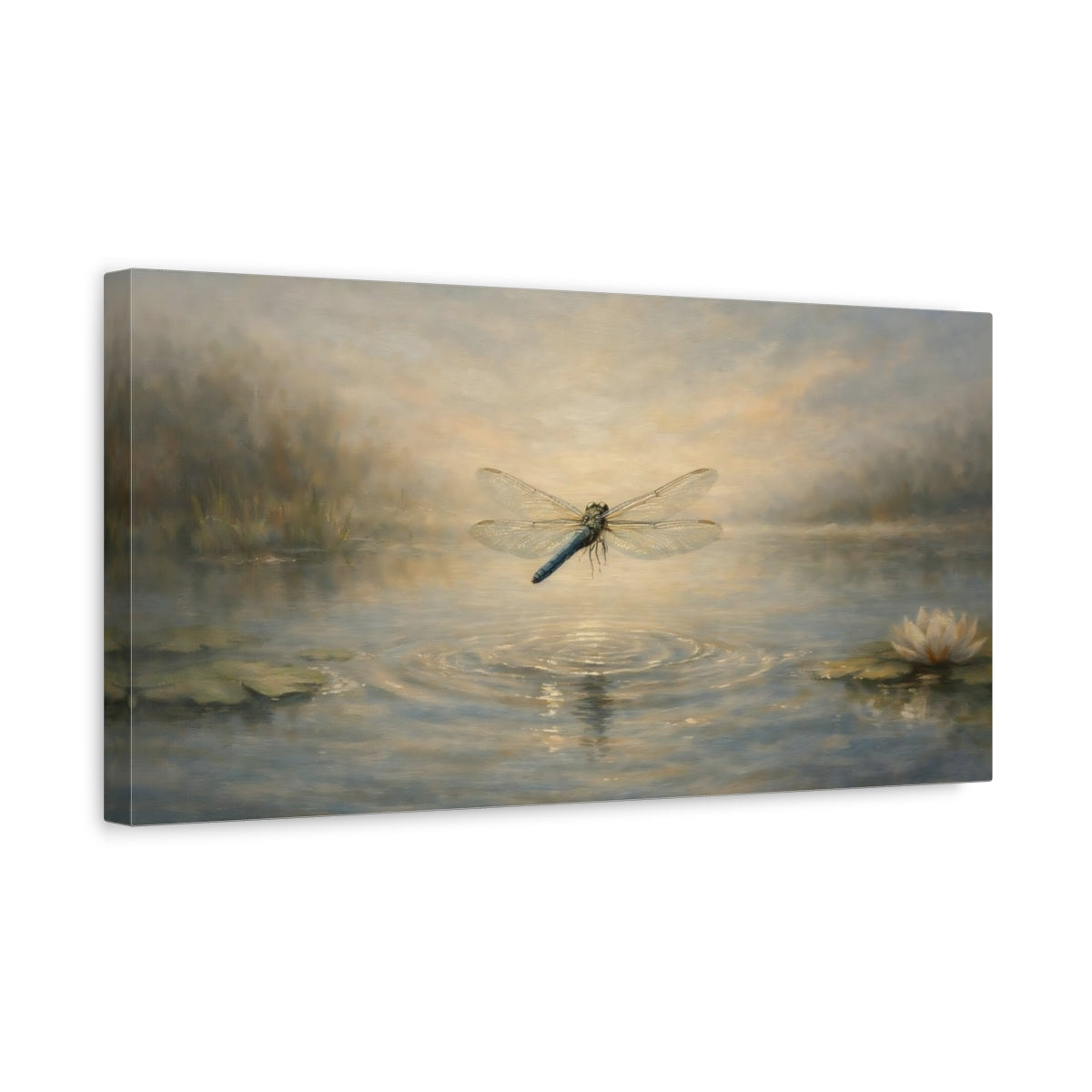 Side Mockup 3. Nature Dragonfly Dragonfly Pond shown as stretched canvas wall art