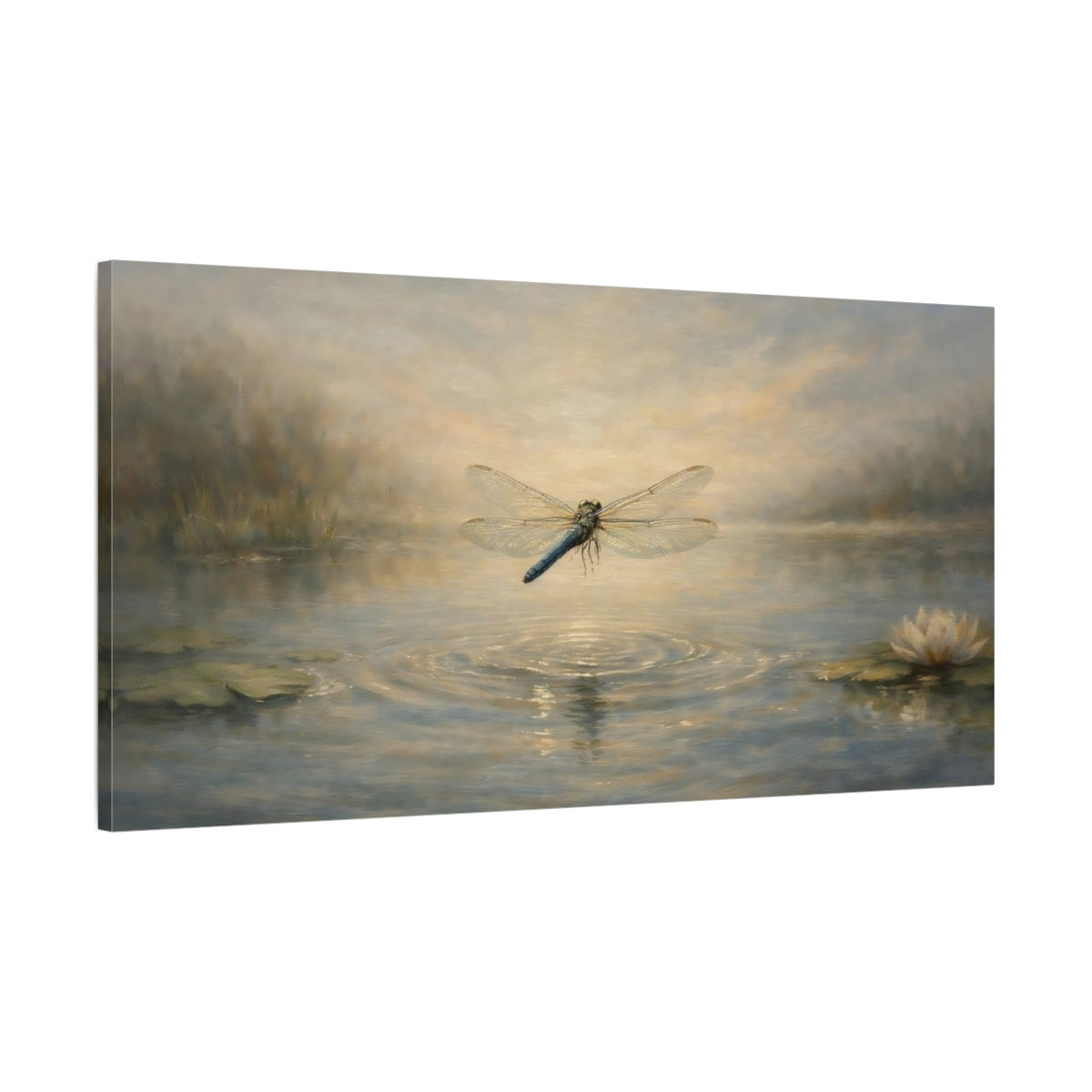 Side Mockup 1. Nature Dragonfly Dragonfly Pond shown as stretched canvas wall art