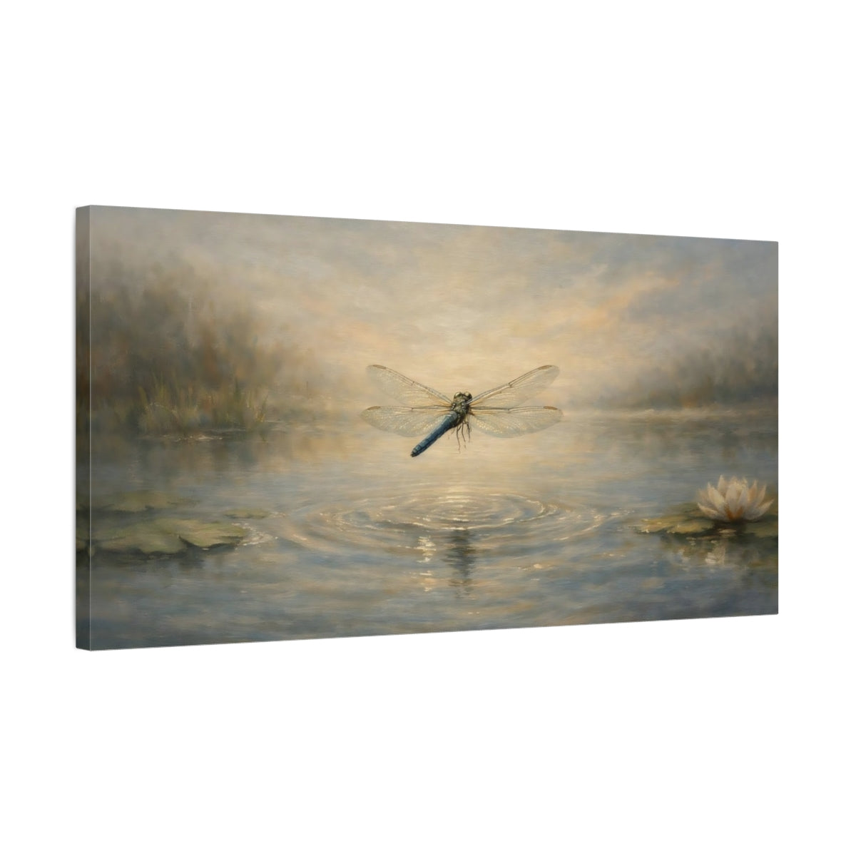 Side Mockup 2. Nature Dragonfly Dragonfly Pond shown as stretched canvas wall art