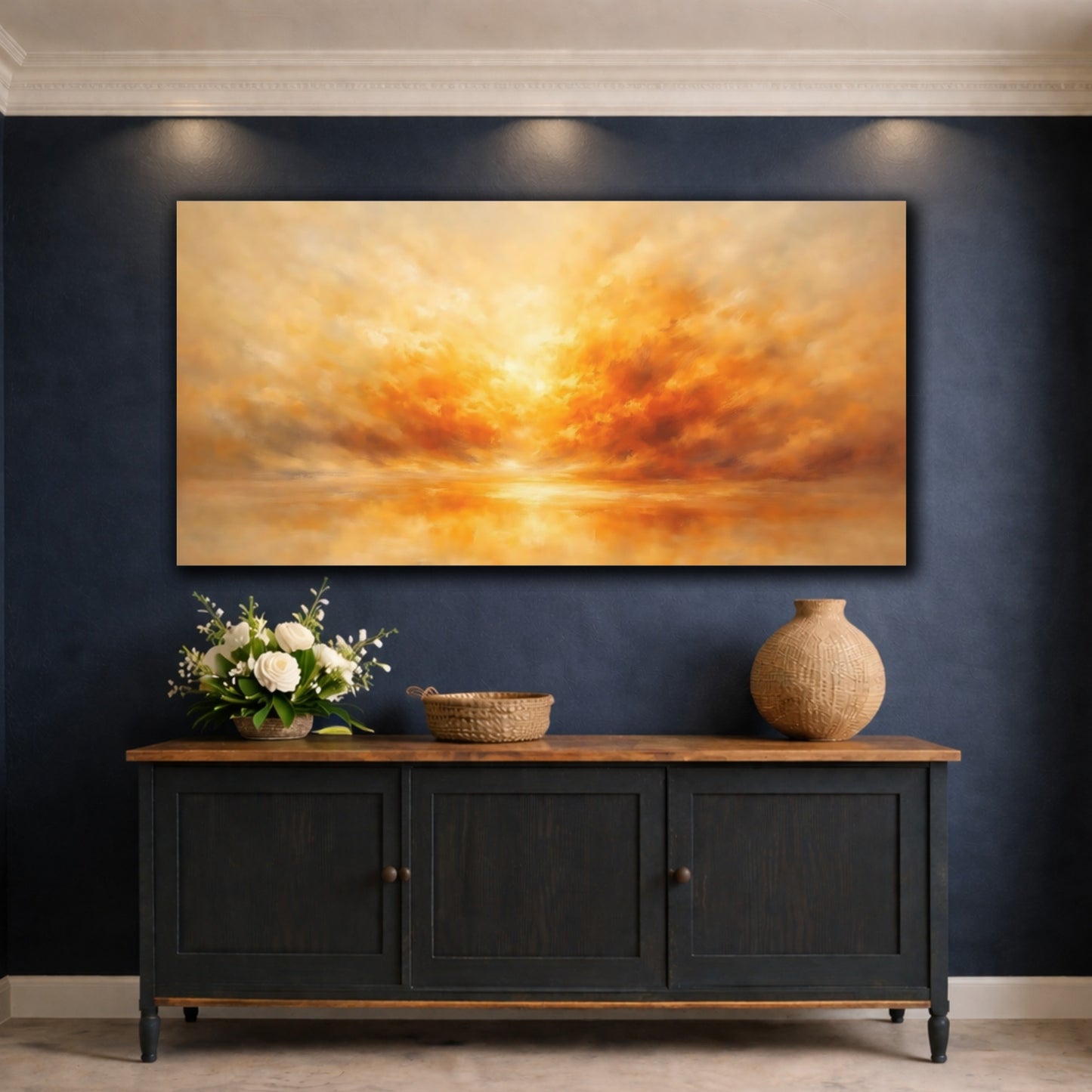 Mockup 4. Nature Dramatic Sky Orange Gold Art shown as stretched canvas wall art