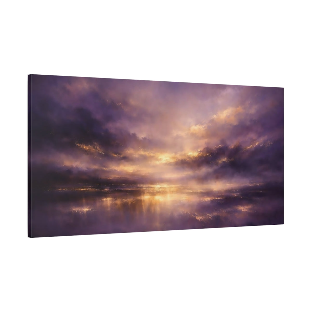 Main Mockup. Nature Dramatic Sky Purple And Gold shown as stretched canvas wall art
