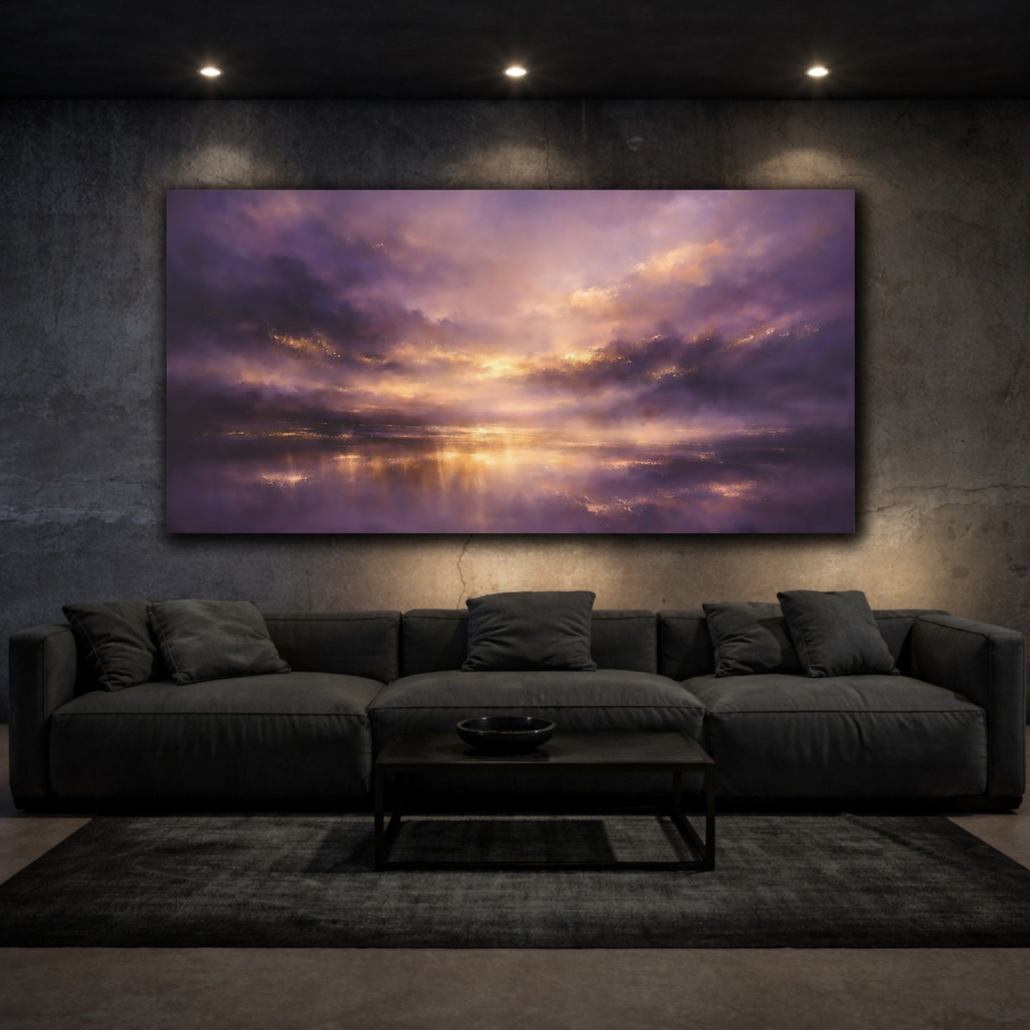 Mockup 2. Nature Dramatic Sky Purple And Gold shown as stretched canvas wall art