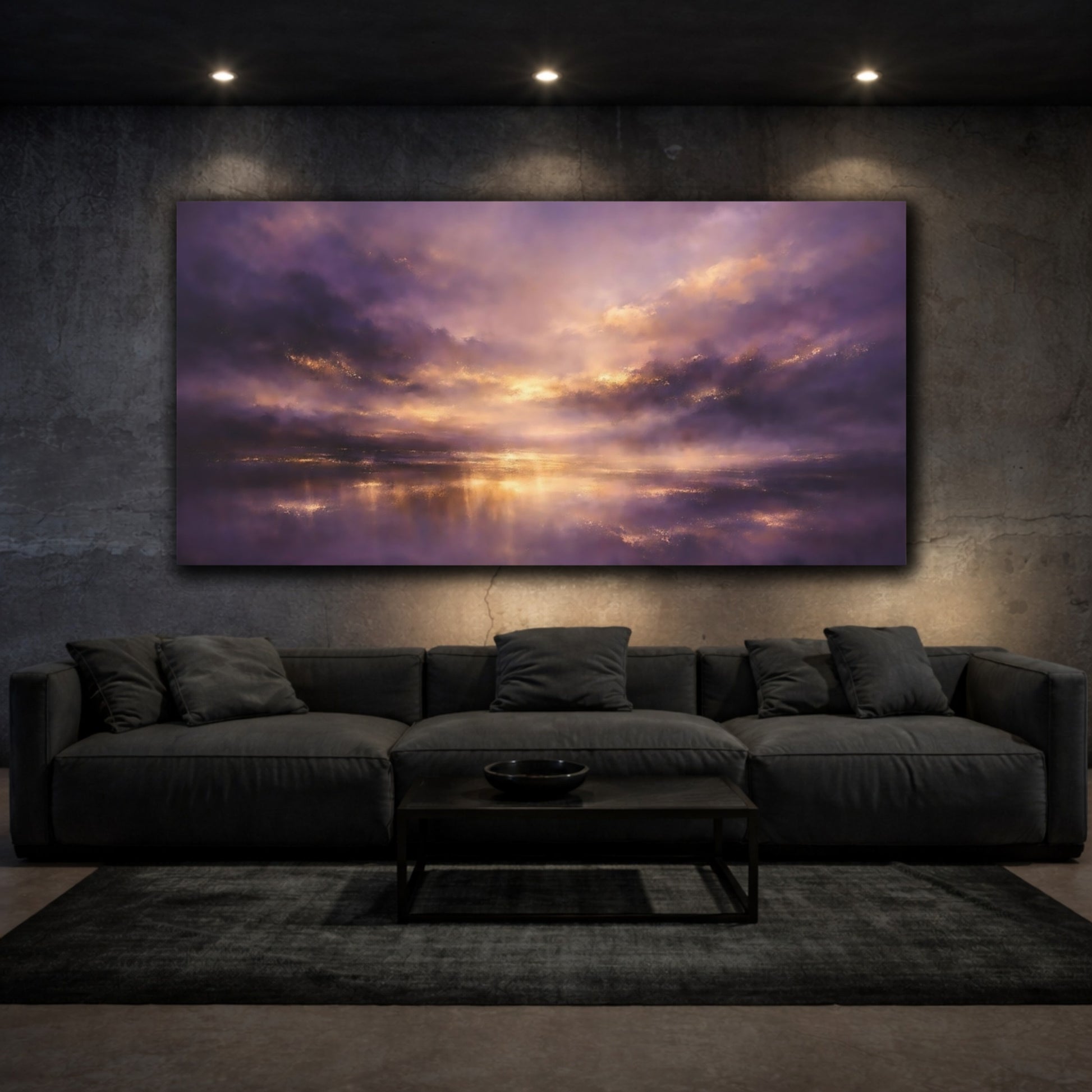 Mockup 2. Nature Dramatic Sky Purple And Gold shown as stretched canvas wall art