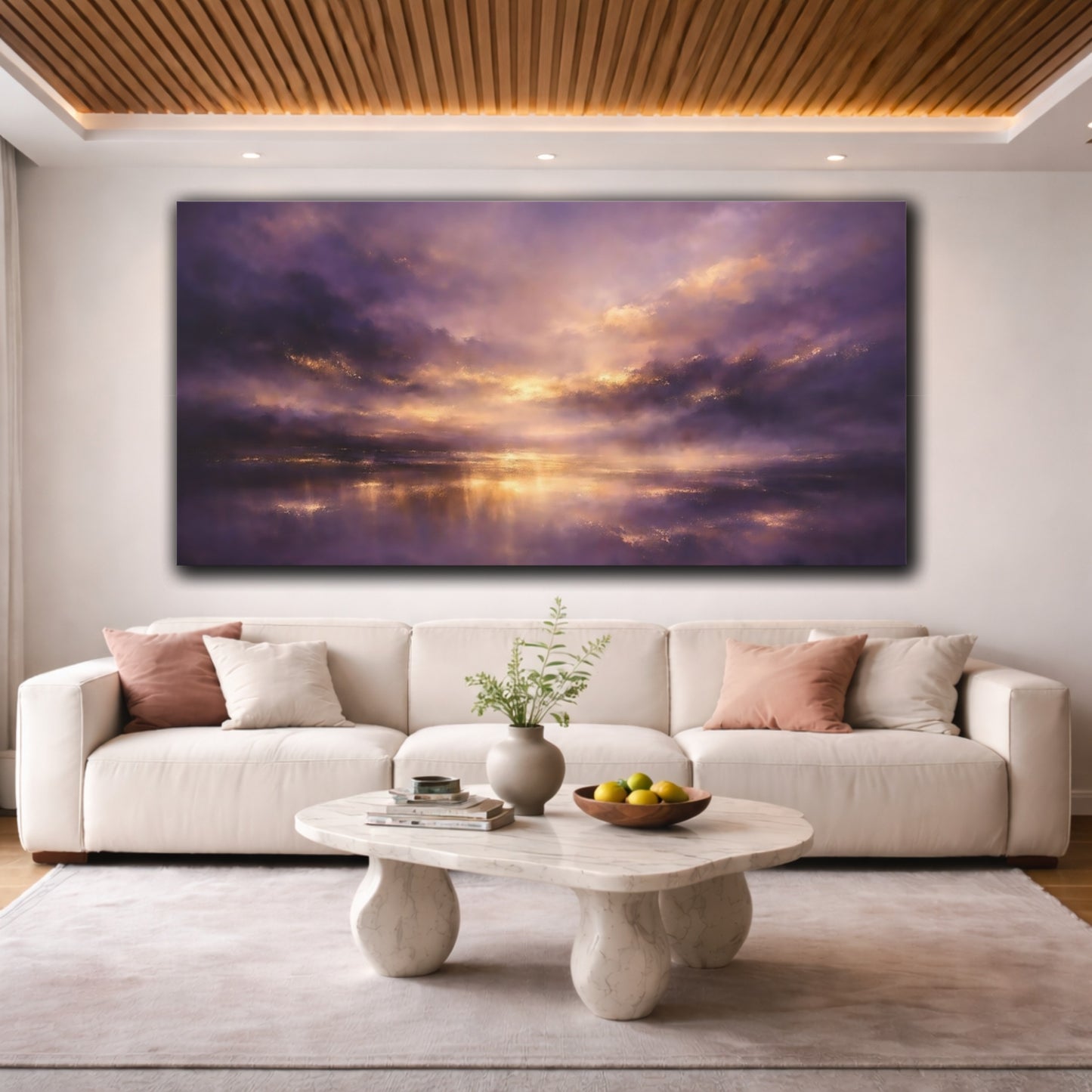 Mockup 3. Nature Dramatic Sky Purple And Gold shown as stretched canvas wall art