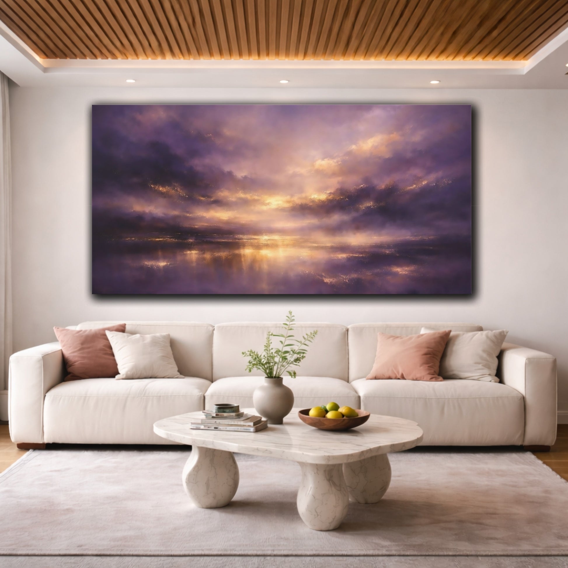 Mockup 3. Nature Dramatic Sky Purple And Gold shown as stretched canvas wall art